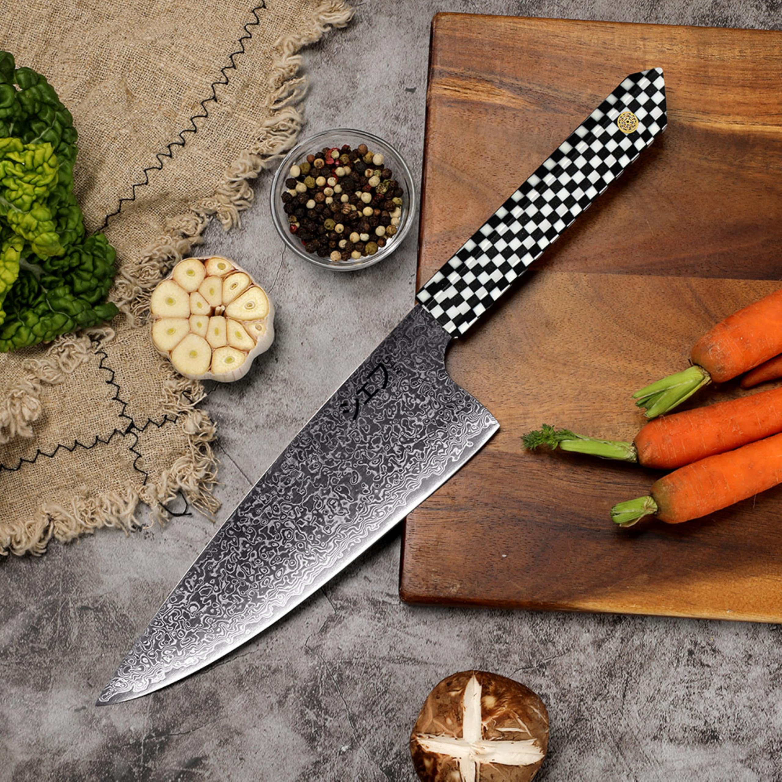 MEG Cuchillo Chef Gyuto Japonés 20,5 cm, Damasco 67 Capas con Patrón Gotas de Lluvia, Núcleo 10Cr15CoMoV, hasta 62 HRC, Mango Octogonal de Resina, Caja de Acacia