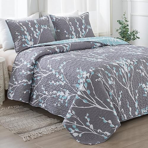 Miniatura 7 de Andency Colcha de tamaño King (106 x 96 pulgadas), 3 piezas (1 colcha gris azul tamaño King y 2 fundas de almohada), juego de colcha de microfibra