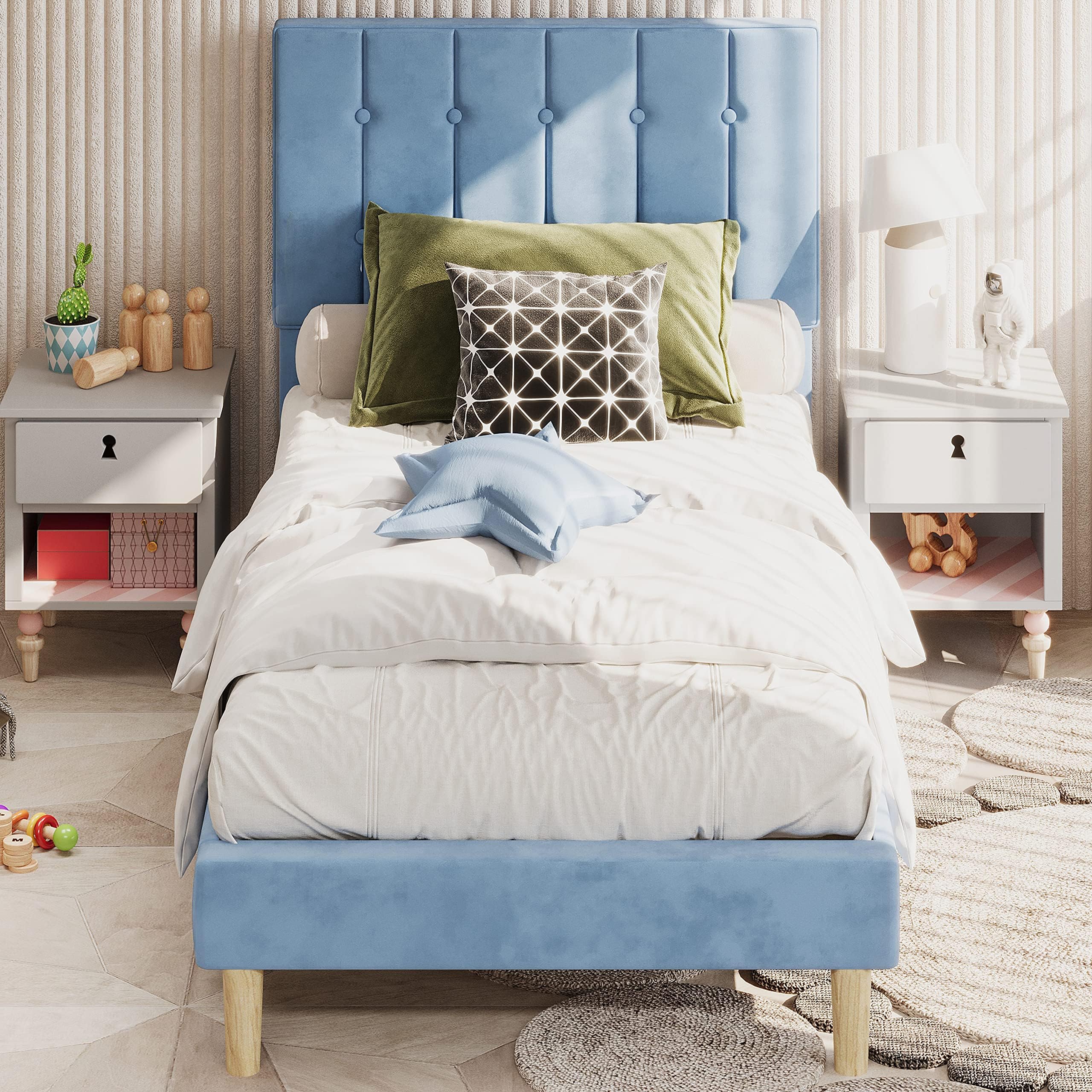 LIKIMIOTwin Bed Frames, Velvet Upholstered Platform Bed Frame with Headboard and Strong Wooden Slats, No Box Spring Needed/Noise-Free/Easy Assembly, Light Blue