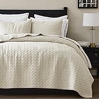 PALASSIO Beige 100% Cotton Queen Quilt Set with 2 Pillow Shams - Lightweight All-Season Soft Bedspread, Shabby Chic Quilted Coverlet, 3 Pieces
