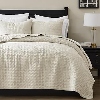PALASSIO Beige 100% Cotton Queen Quilt Set with 2 Pillow Shams - Lightweight All-Season Soft Bedspread, Shabby Chic Quilted Coverlet, 3 Pieces