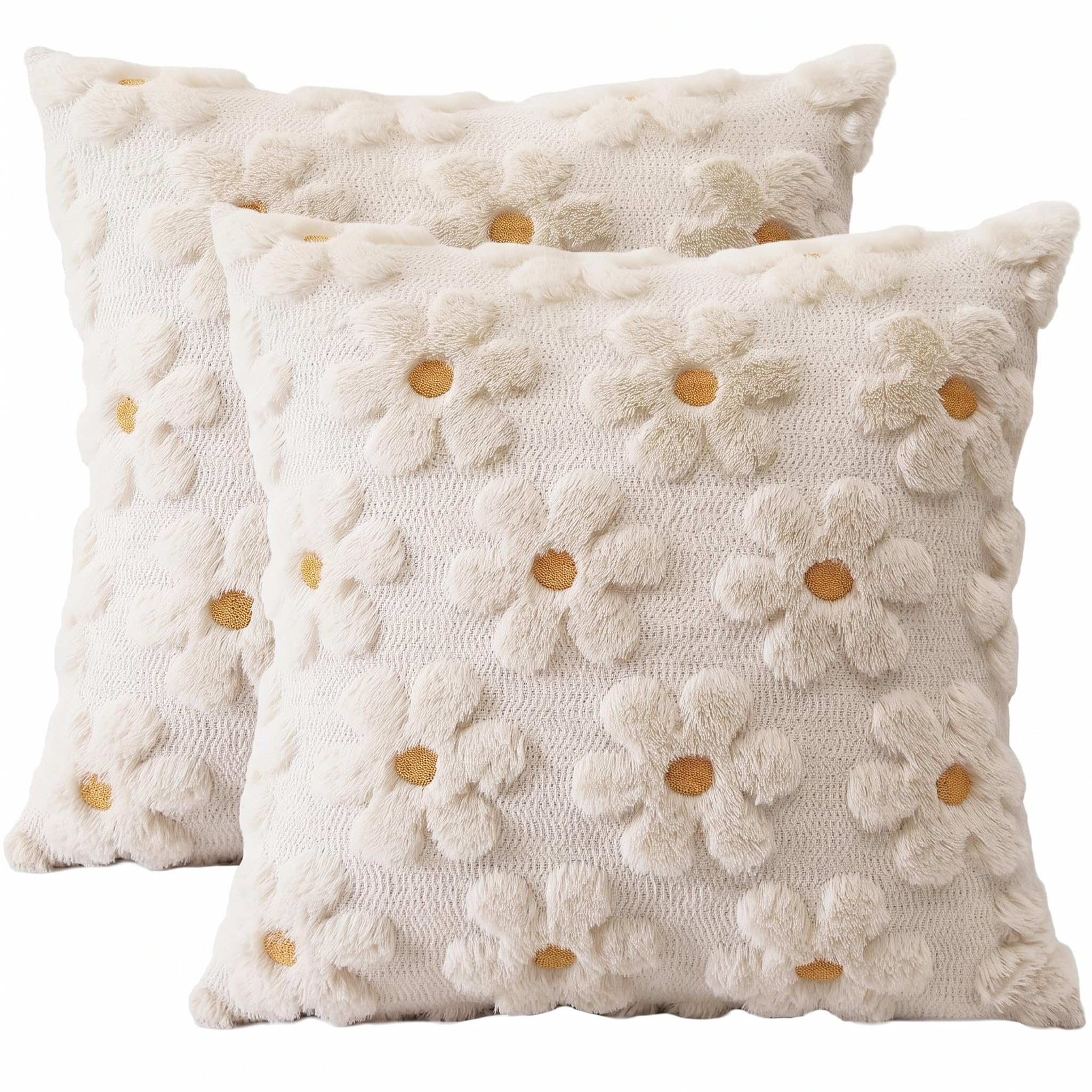 SINJAETRQ Daisy Cushion Cover Set of 2, 45x45cm White Floral Square Pillowcase with Hidden Zipper Closure for Sofa Couch Bed Living Room Home Décor Accessories