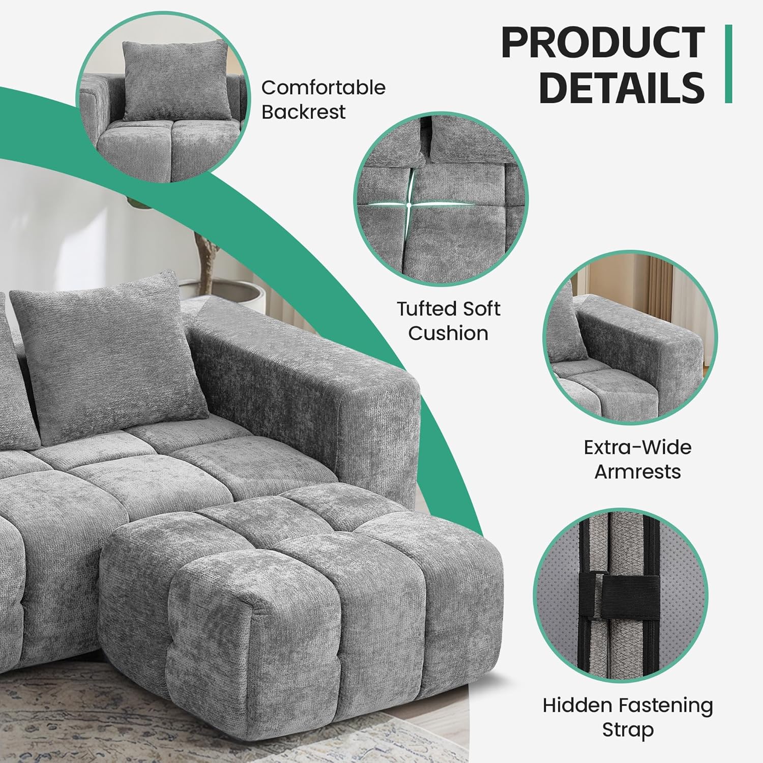 78.7" Boneless Modular Sectional Loveseat, Tufted Cloud Couch with Deep Seat, Chenille Sofa for Living Room, Compressed Sofa, No Assembly Required, Light Gray