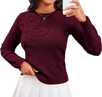 Pullover Sweater for Women Casual Winter Floral Jacquard Crew Neck Long Sleeve Fall Trendy Tops