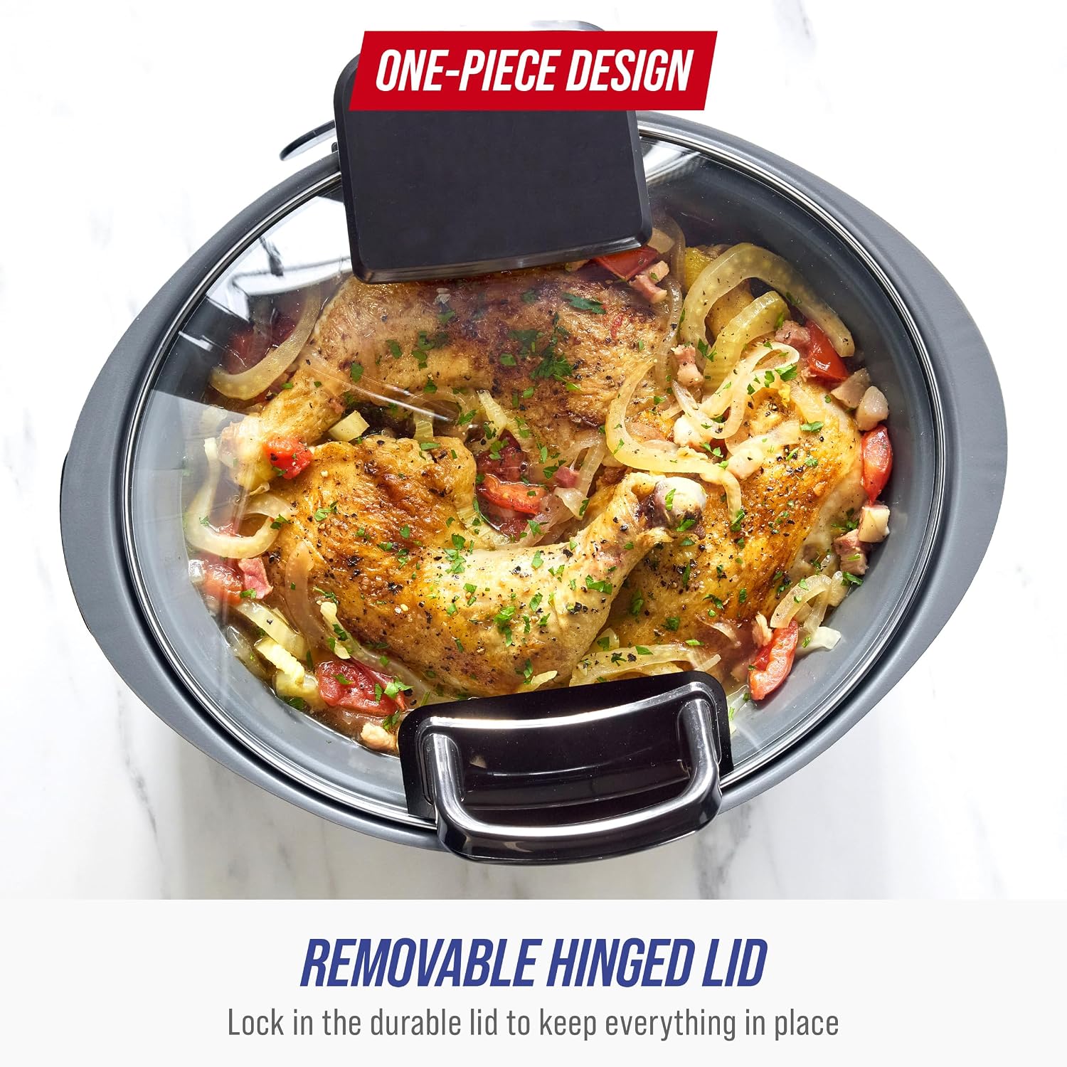 Blue Diamond 5QT Hinged-Lid, Nonstick PFAS Free Ceramic Slow Cooker, Dishwasher Safe Removeable Crock, 4 Presets Including Delay and keep Warm, Graphite