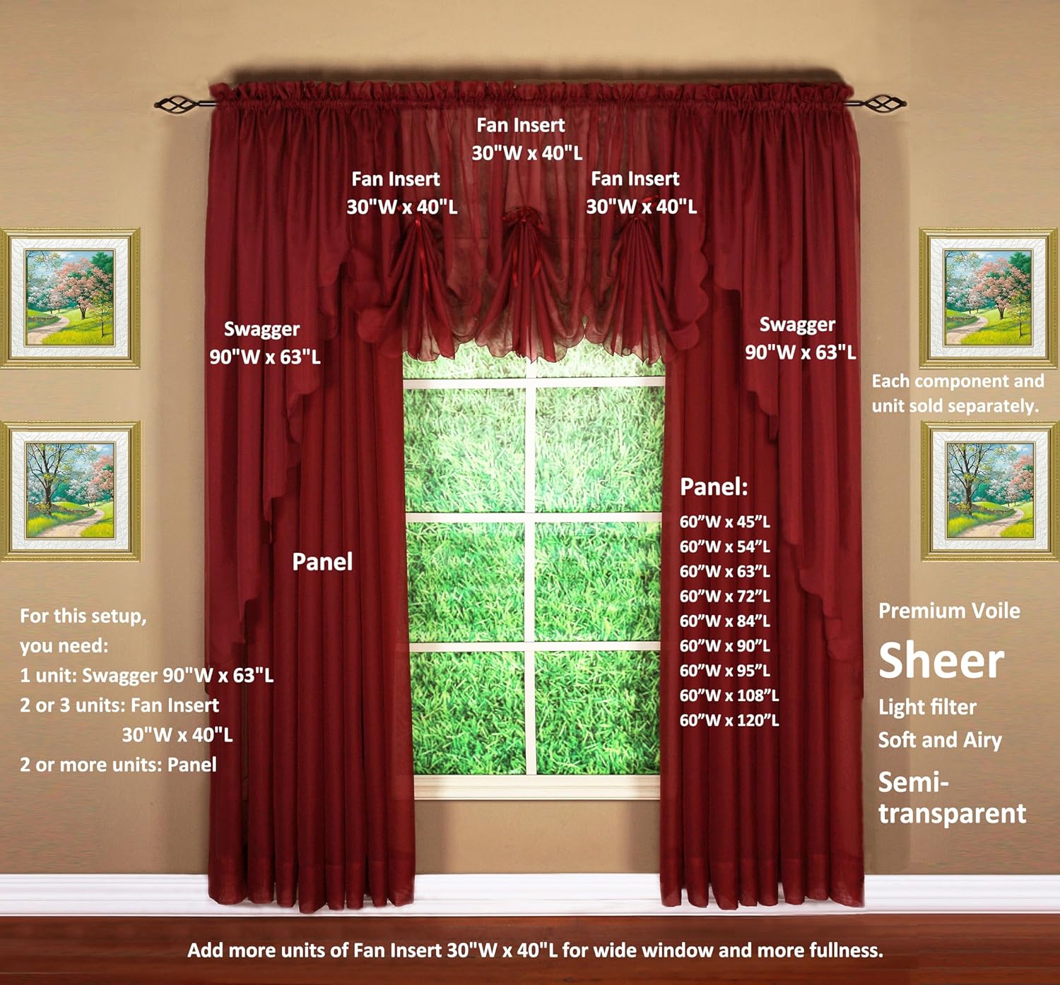 Today's Curtain Emelia Original Voile Panel 120", Burgundy, 60" W x 120" L
