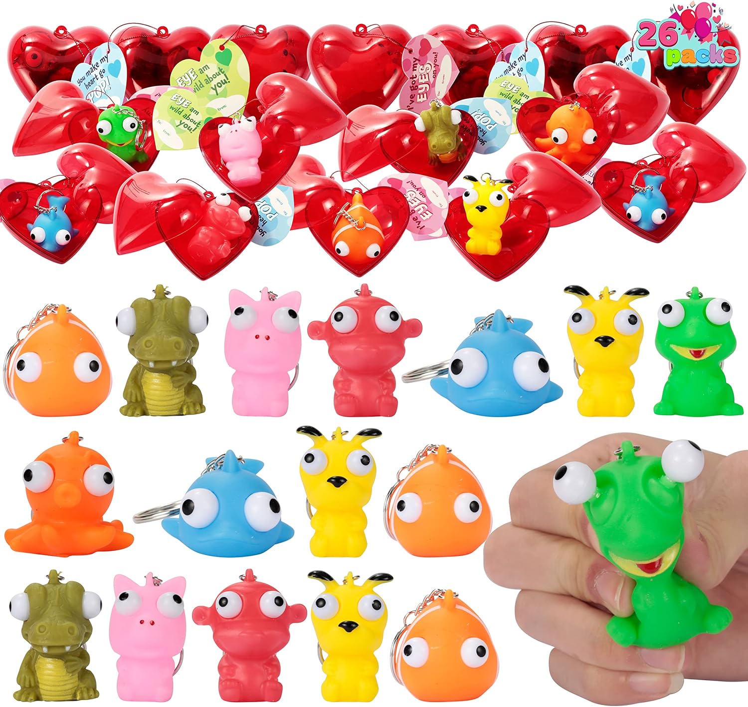 JOYIN 26 PCS Valentine Day Filled Hearts with Cards Filled with Popping Eyes Keychains for Kids Valentines Classroom Exchange, Party Favors, Gift Exchange, Game Prizes