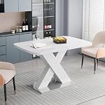 Modern Rectangle Extendable Dining Table 47.24"-62.99", White MDF Table Top with X-Shape Metal Base, Stretchable Kitchen Table for Dining Room, Sturdy & Easy to Assemble (White + MDF+Steel)
