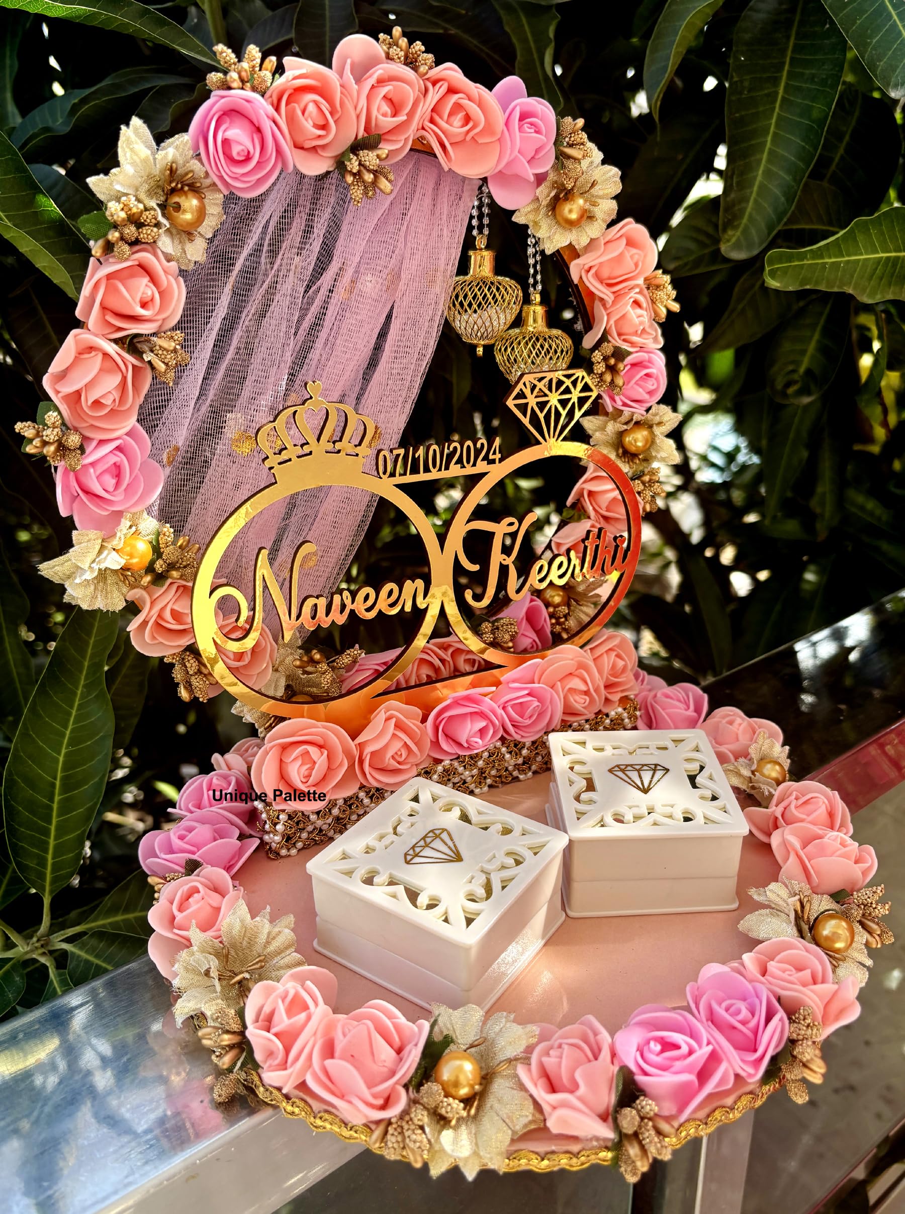Unique Palette Beautiful Pink and Peach Floral Theme with White Base Ring Platter for Ring Ceremony/Customizable Name and Ceremony Date(Anniversary/Engagement/Wedding Ring Platter/Marriage Decor)-image-33