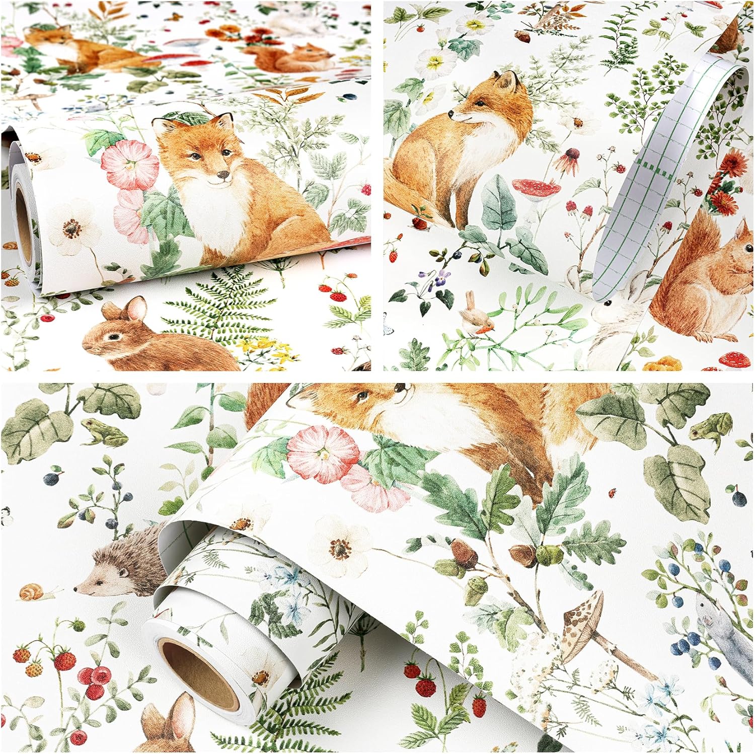 ReWallpaper Woodland Animal Wallpaper Peel and Stick Whimsical Forest Wallpaper with Animals Removable Floral Contact Paper Waterproof Fox Squirrel Bunny Wall Paper for Nursery Kids Room 17.5inX23ft