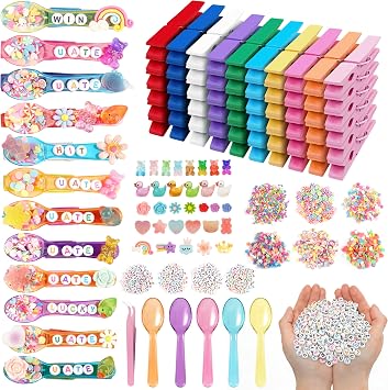 Fayoo 50 Pack DIY Cheer Pin Kit - 50 pcs Wooden Clothes Pins, U ATE Beads, Cheer Spoons and Charms for Pep Rally Cheerleader Gifts Team Spirit Gifts for Sports, Volleyball Bright Color