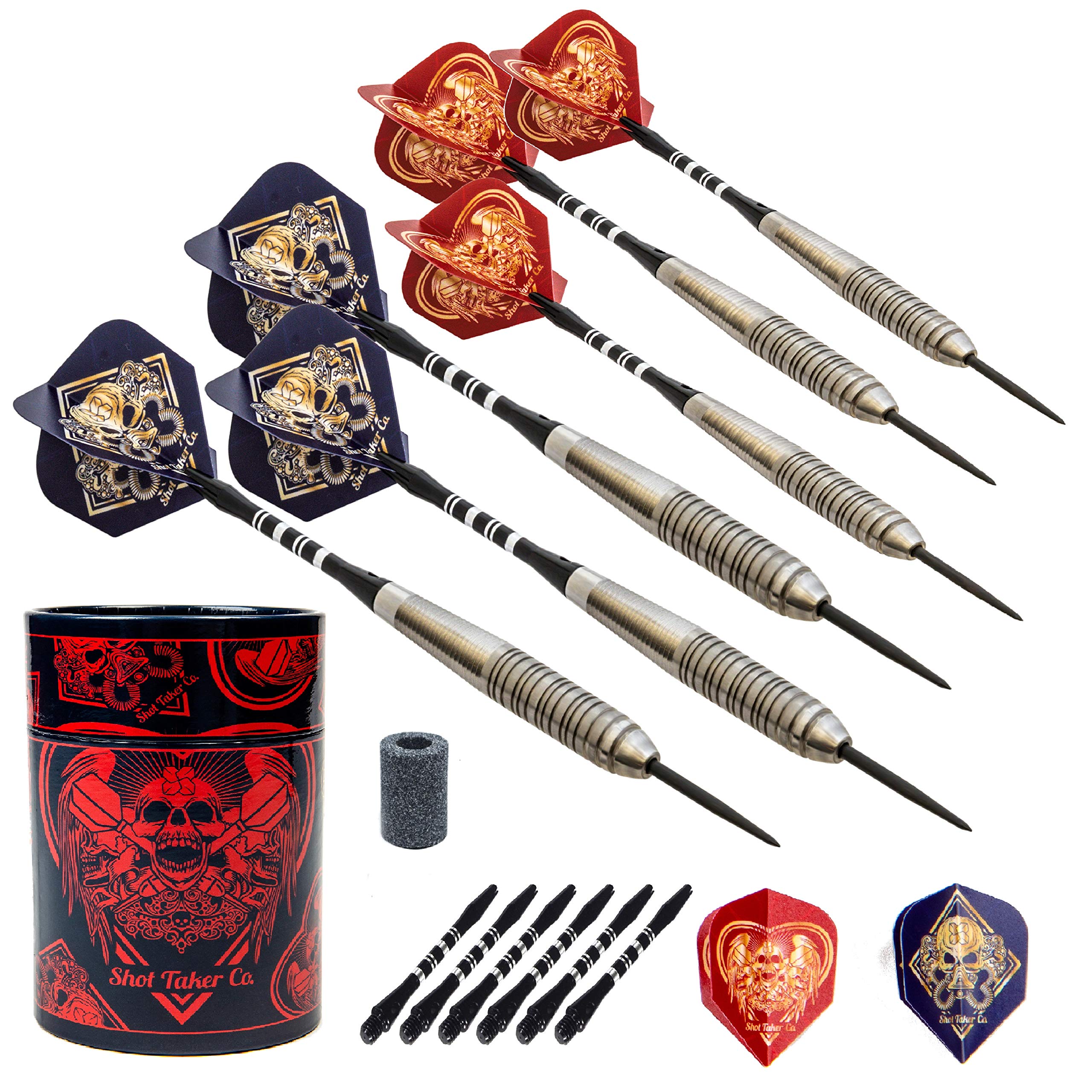 SHOT TAKER CO. EST. 2017 6pc Steel Tip Darts Set - Professional Darts for Dartboard - Includes Barrels + Plastic/Aluminum Shafts + O'Rings + Flights + Sharpener + Wrench (21g-Red Skull-10404)