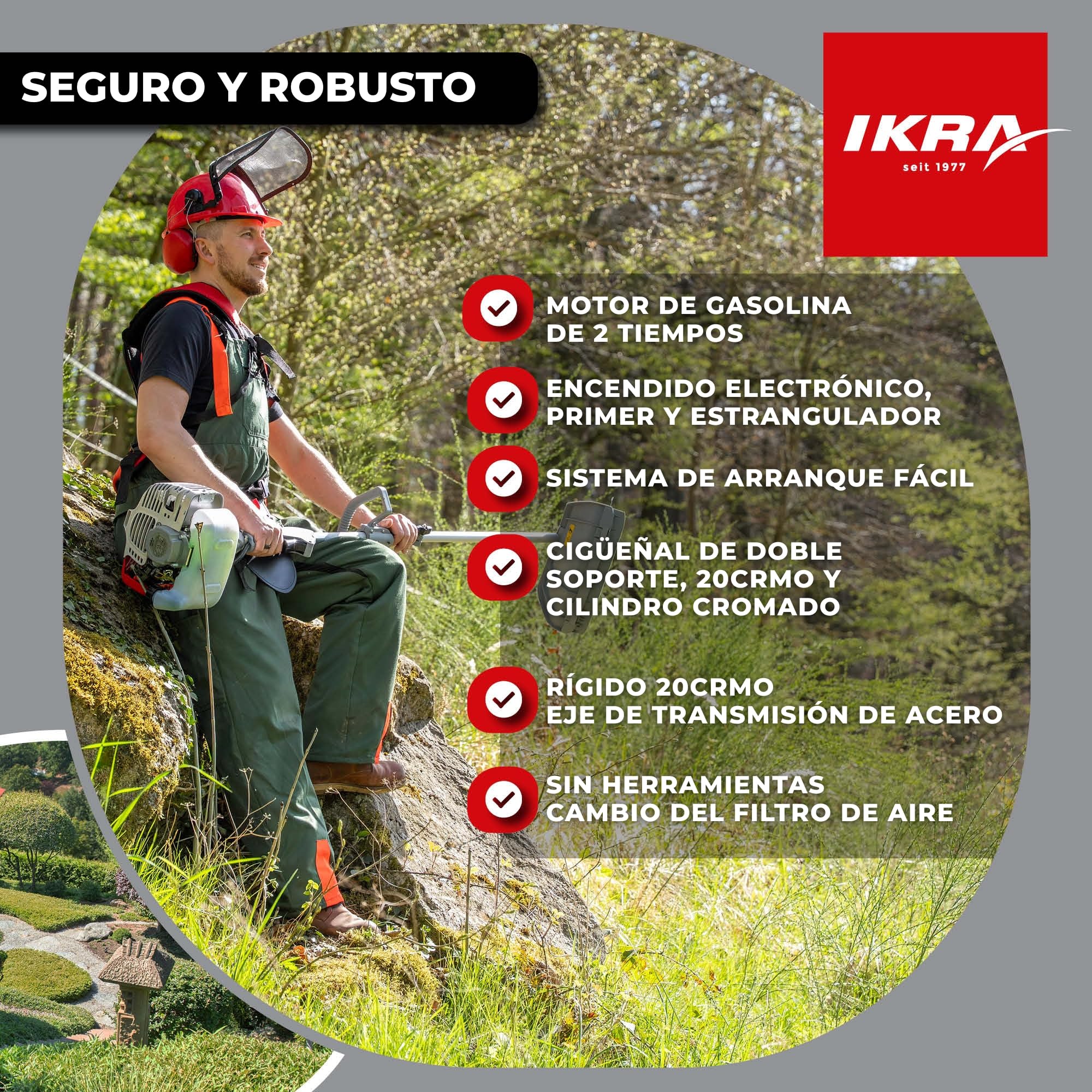 IKRA Herramienta multifunción IKRA IBKH 52-1 Gasolina 4en1, 51,7cm³, 1,5kW | 4 herramientas en una: desbrozadora, cortabordes, cortasetos y podadora, motor de 2 tiempos y sistema de arranque fácil