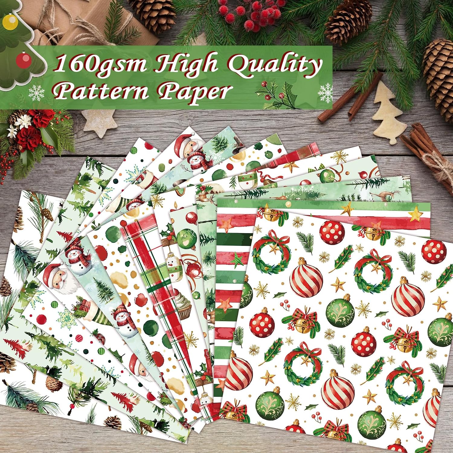 Konsait 24 Sheets Watercolor Christmas Scrapbook Paper 12x12, Double Sided Christmas Origami Paper Xmas Decorative Cardstock Xmas Patterned Papers Sheets for Card Making Scrapbook Supplies