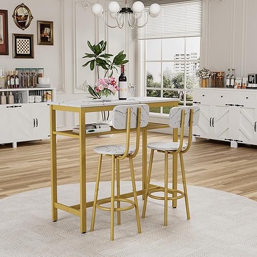Miniatura 8 de Juego de mesa de comedor para 2, mesa de bar y sillas para 2, juego de mesa de bar pequeña de 3 piezas con 2 taburetes, parte superior de mármol