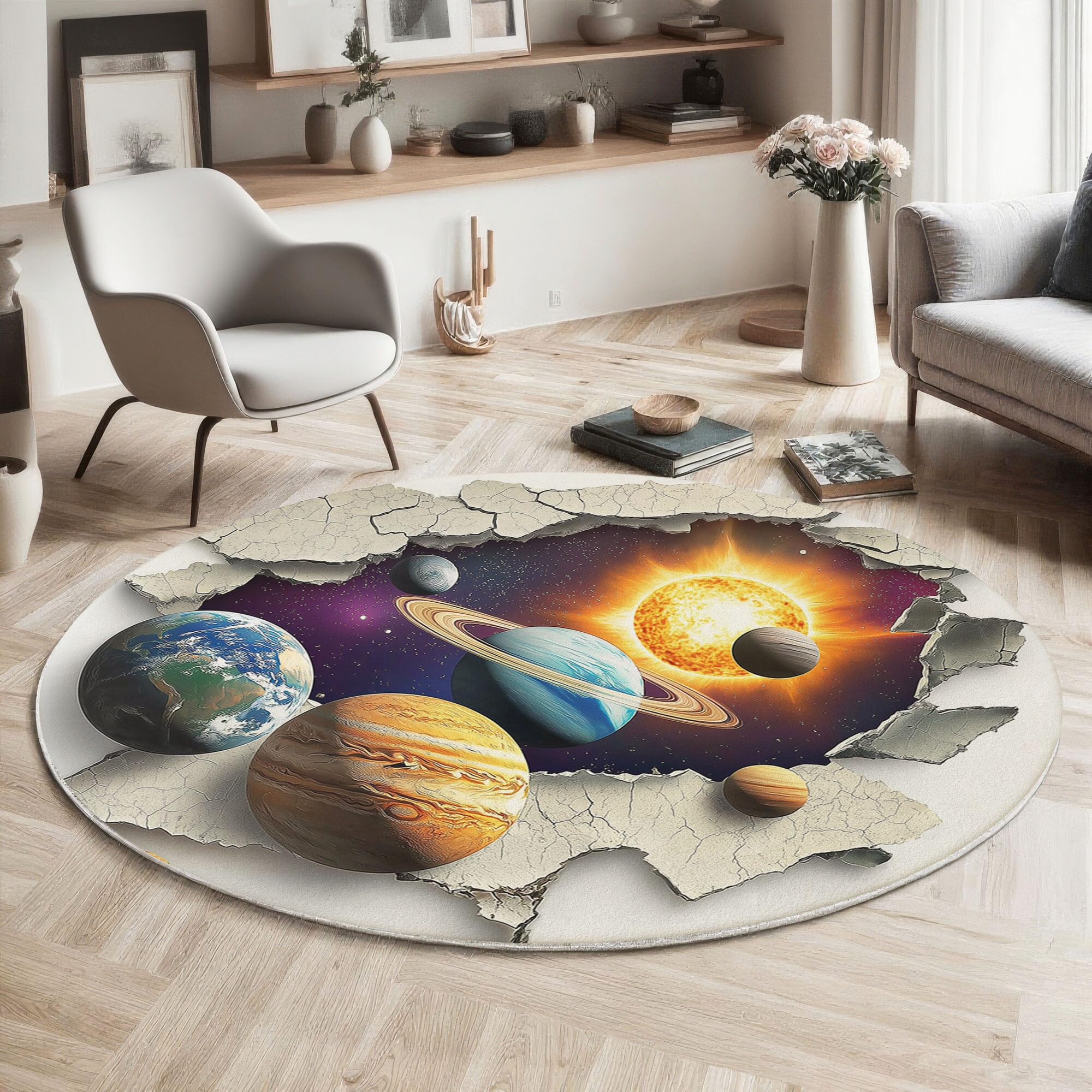 Tapis Rond Système Solaire Planètes 100cm, Art 3D Chic Lavable en Machine Salon Tapis Antidérapant, Moquette Imprimé pour Salle à Manger, Chambre d’Enfant, Nurserie, Violet