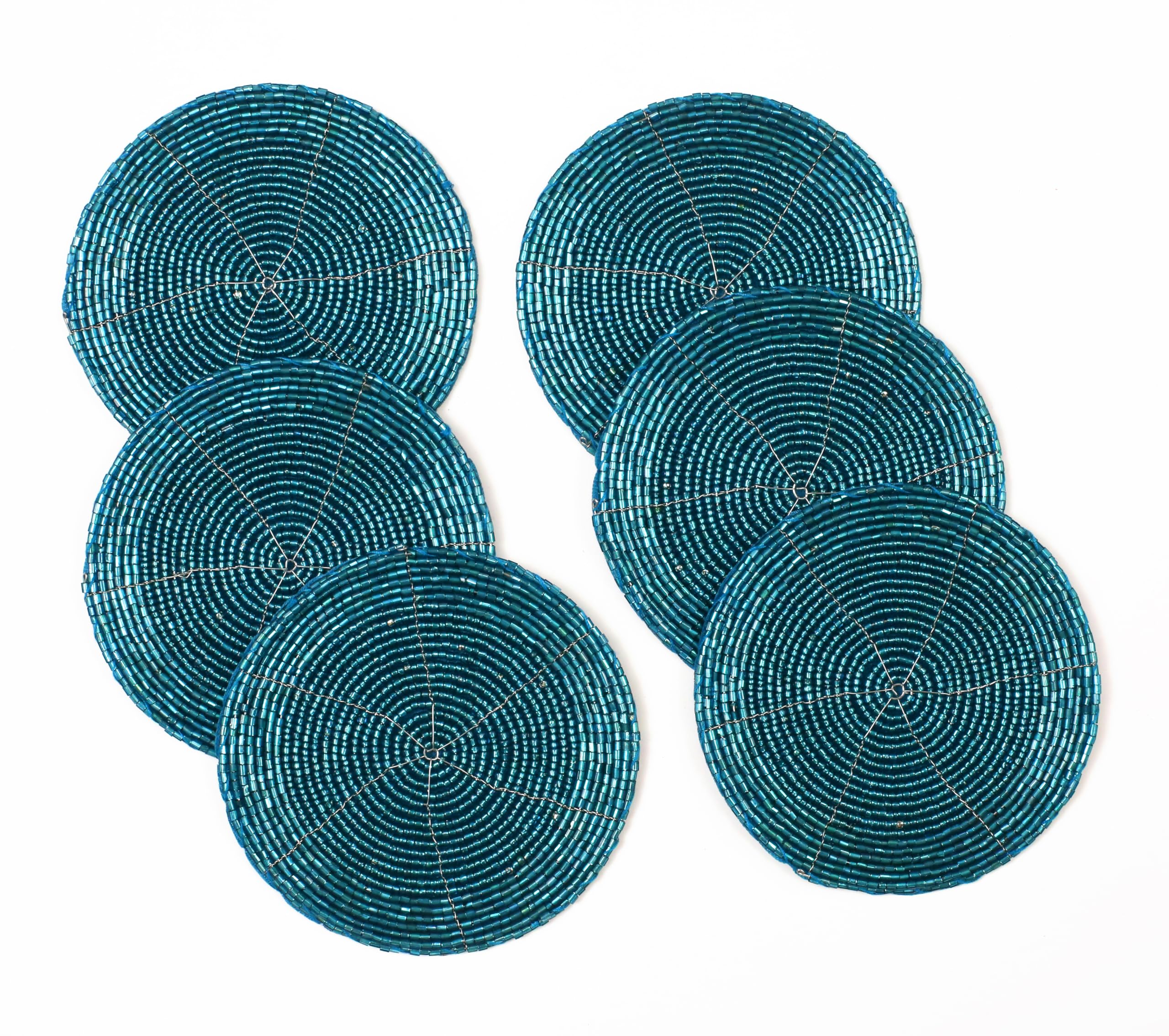 Dessous de verre en perles bleu sarcelle faits main (Lot de 6, 10cm) pour table