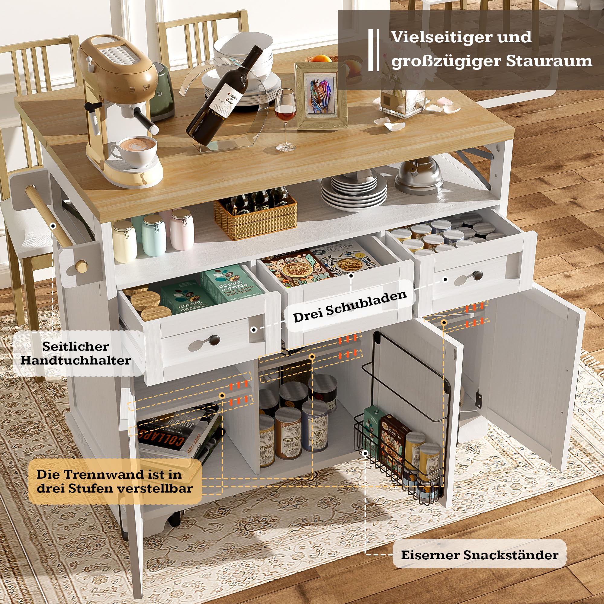 Merax Kücheninsel Mit Klappbarer Platte - Rollbarer Küchenschrank Mit Schublade & Regal - 132.5cm Grau