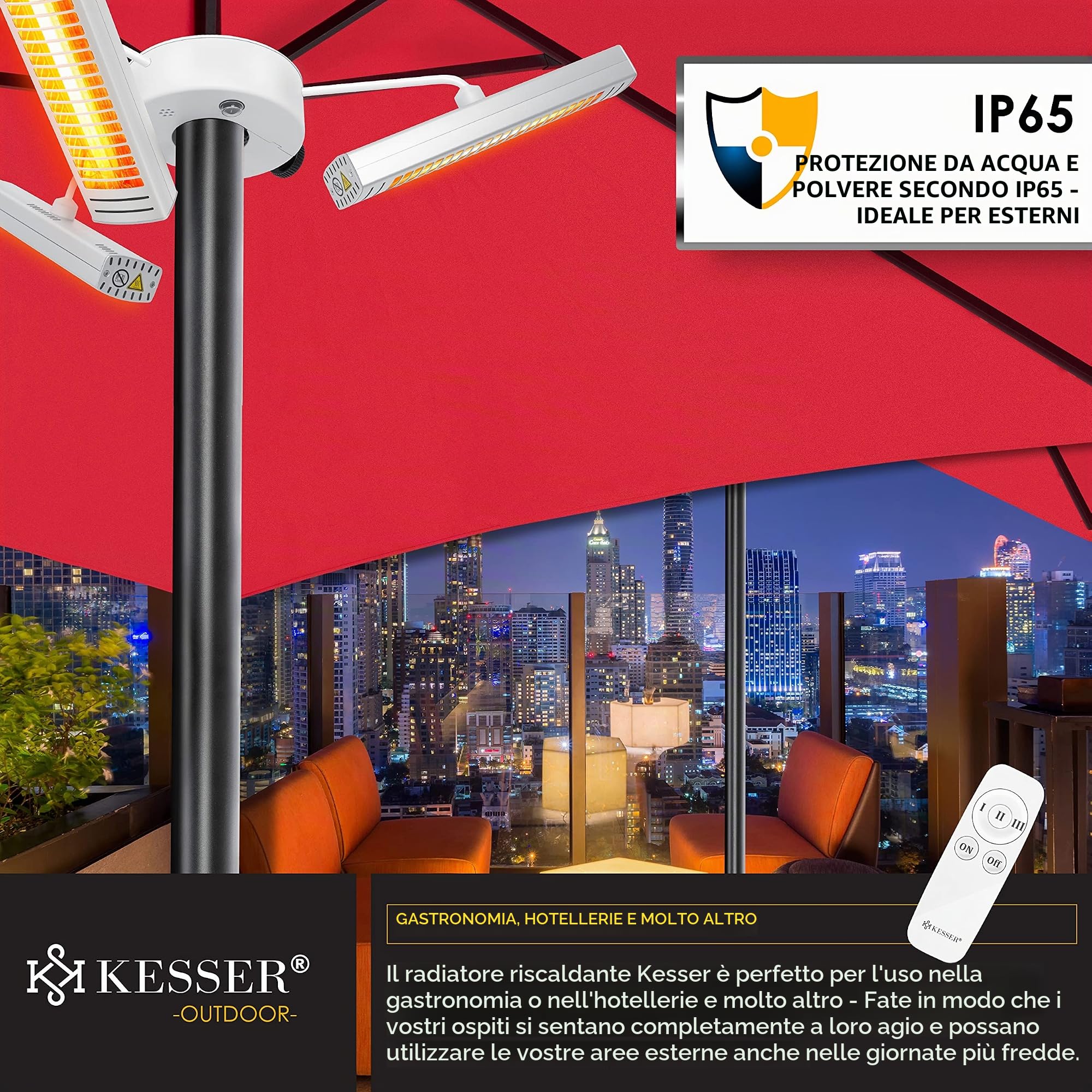 KESSER® Stufa radiante a infrarossi 3000W per terrazzo Riscaldatore a Ombrello al Quarzo per la ristorazione, Stufa radiante per Esterni a infrarossi con Telecomando | Altezza Regolabile, d'Argento