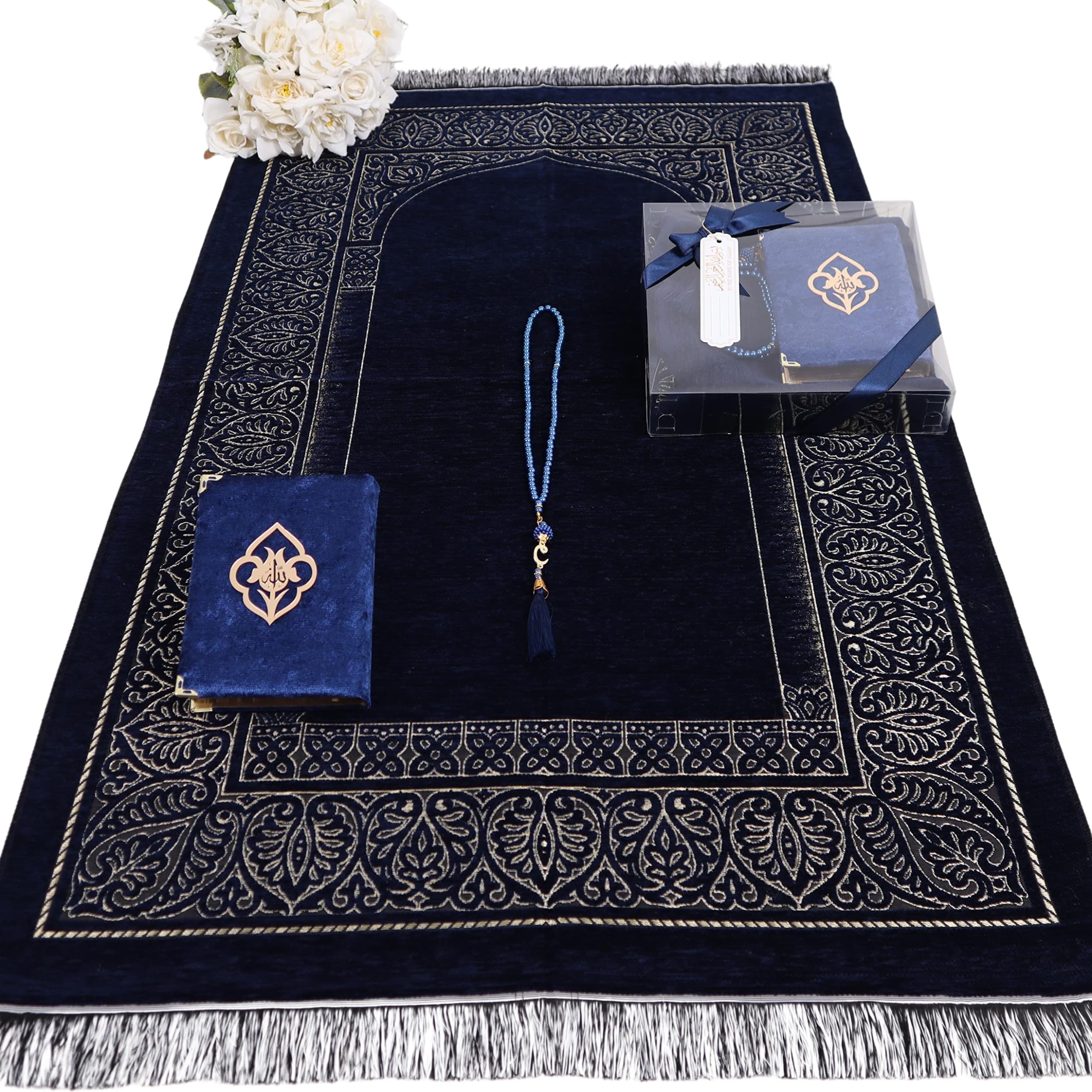 IEF Muslim Prayer Rug - Islamic Prayer Mat, Velvet, Arabic Quran Pearl Tasbeeh, Ramadan & Eid Gifts, Birthday Gifts for Men