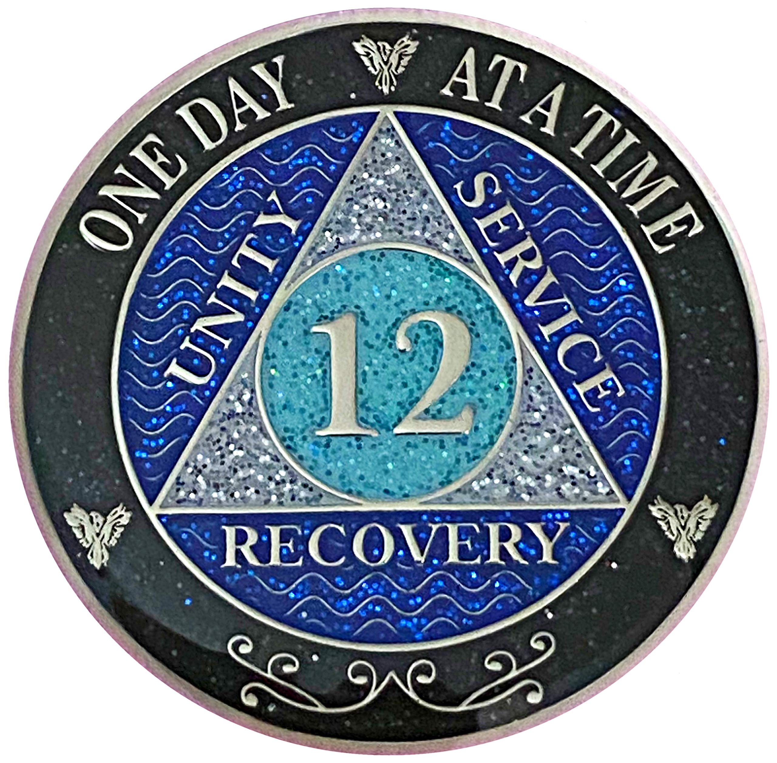 Simply Minimal (Years 1-50) 12 Year AA Recovery Silver Color Plated Glitter Medallion, Black Rainbow, Blue, Silver Glitter Coin, Epoxy Covered (AA 12 Year Glitter Medallion)