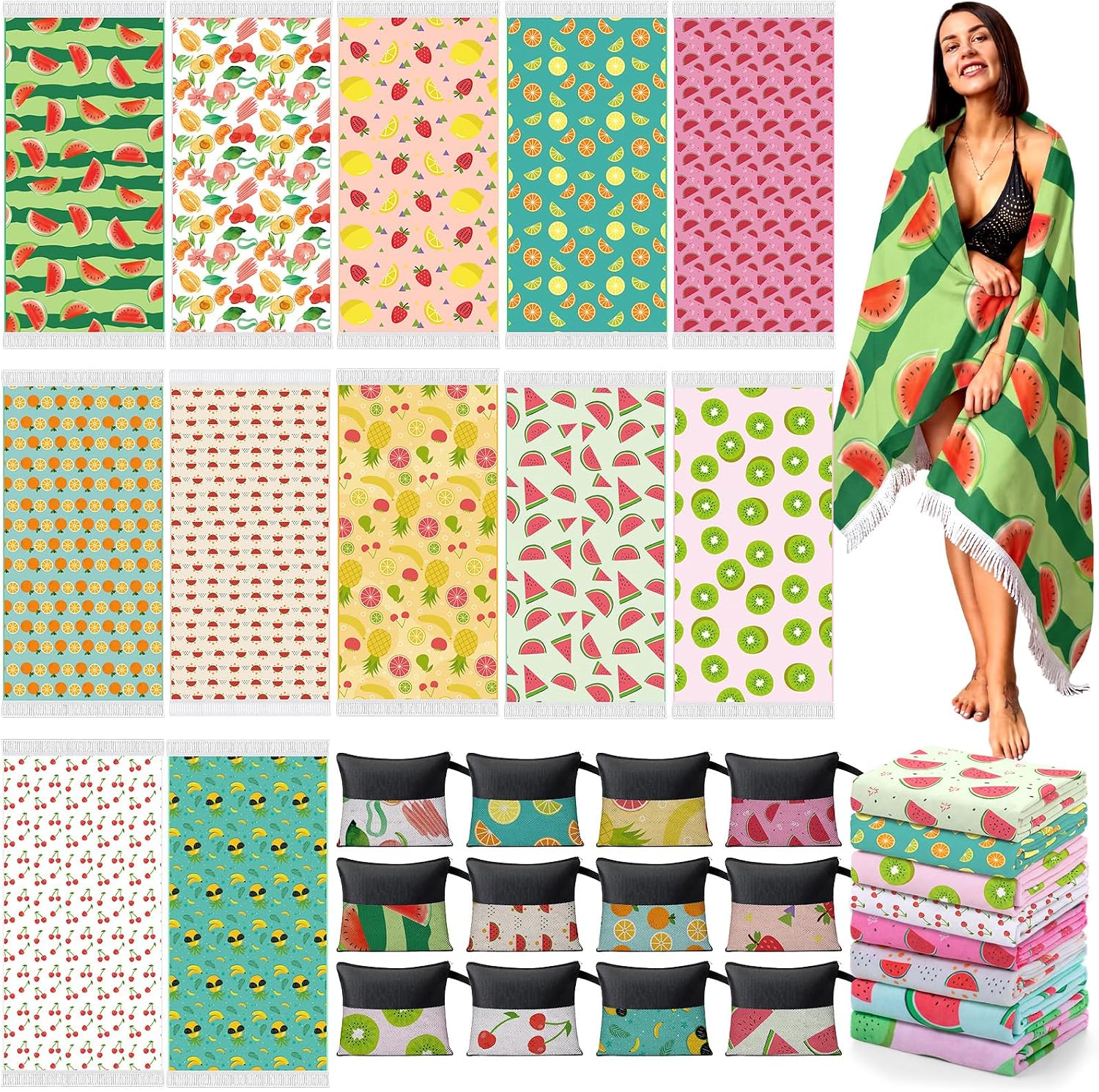 Peryiter 24 Pack Oversized Turkish Towel with Storage Bag, Palm Leaves