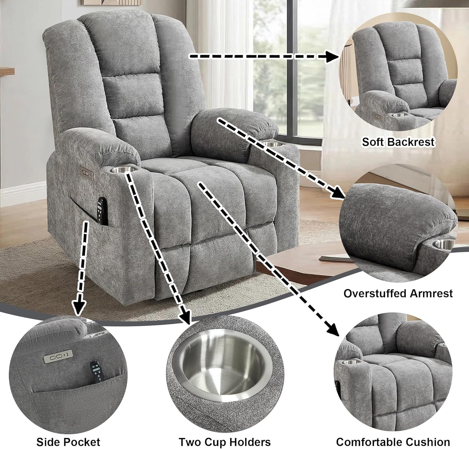 Electric Power Lift Recliner Chair for Elderly & Adult, Massage and Heat Power Oversized Sofa with Side Pockets, Cup Holders, USB and Type-C Ports, Chenille Fabric, Light Gray