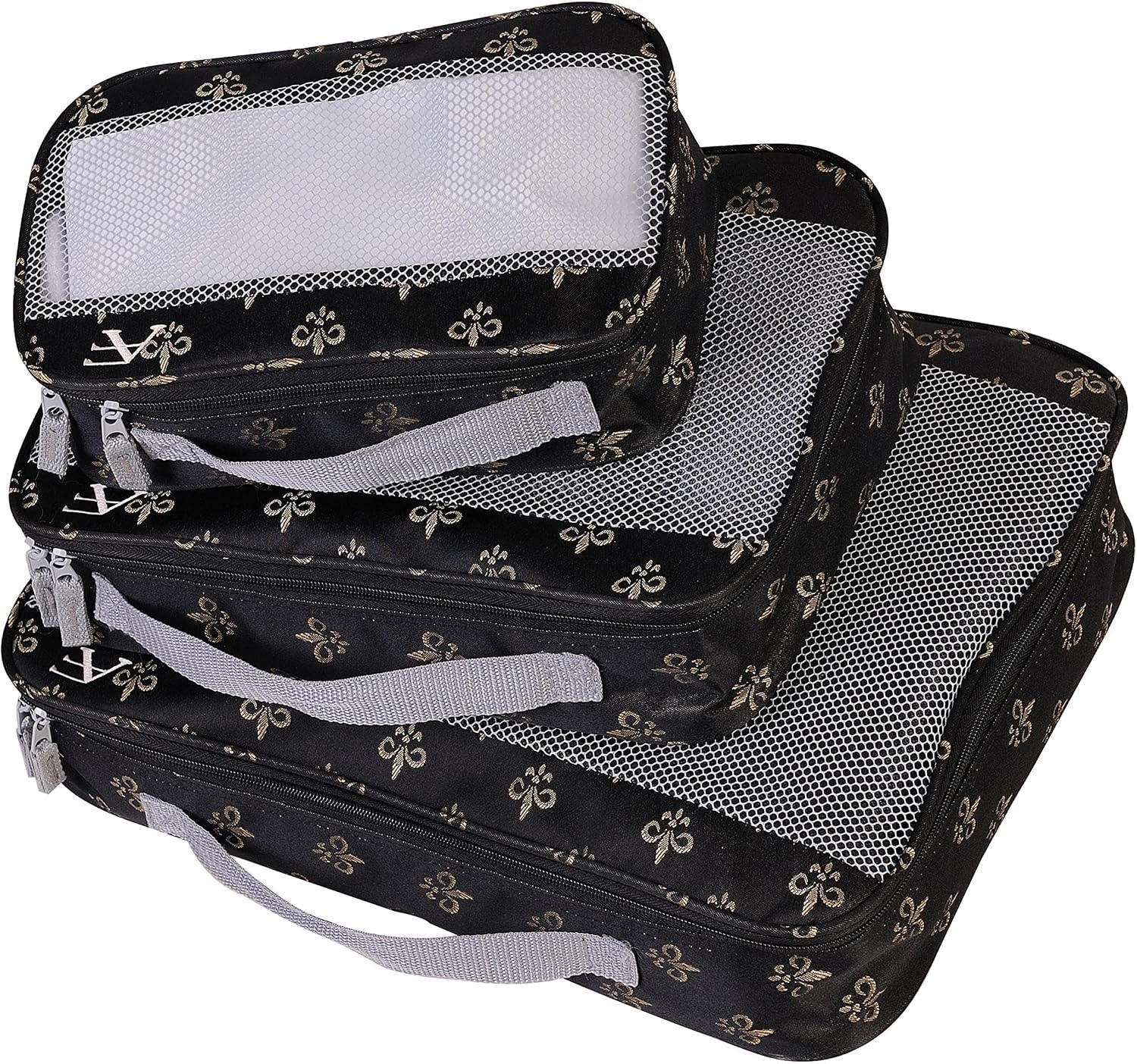 Pemberly Row 3-Piece Packing Cubes Set, Polyester, Black Fleur-De-Lis Pattern, Lightweight Travel Organizers with Mesh Tops, Durable Zipper Pulls, Strap Handles, Large/Medium/Small Sizes for