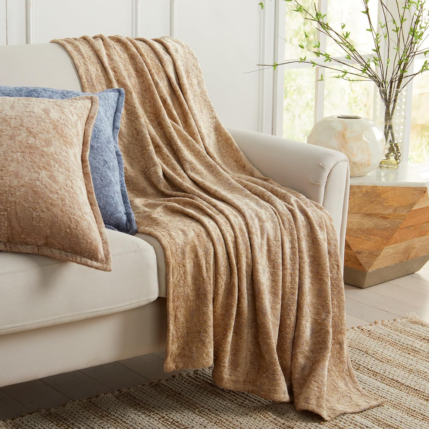Chenille Jacquard Throw Blanket | Textured Boho Throw for Sofa, Couch, Bed | Soft Decorative Throw for All Seasons | Charlotte Collection (50" x 60", Beige)
