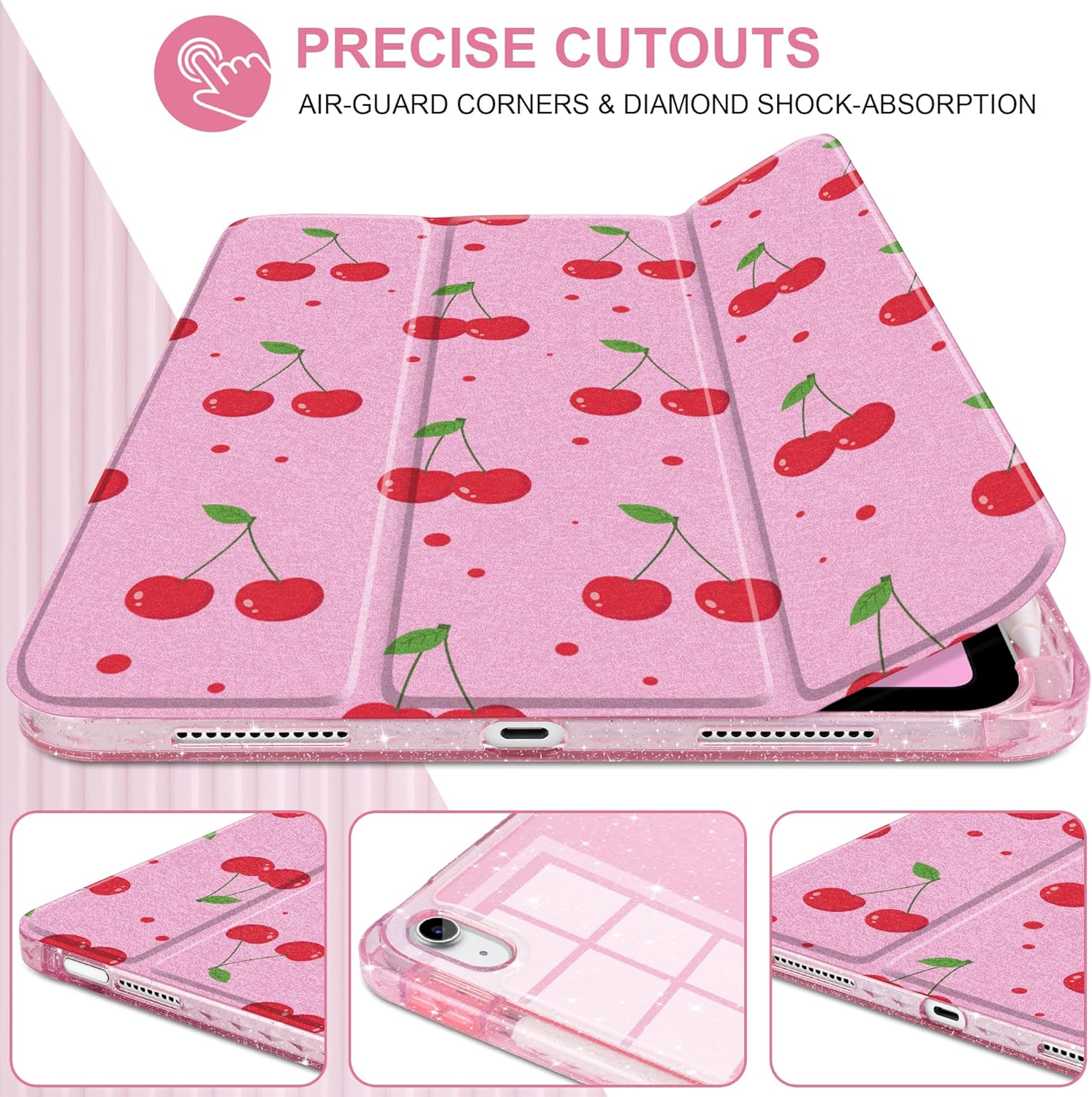 Sparkle Case for iPad 11th Generation (A16) 11 inch 2025 /iPad 10th Gen 10.9 2022 - Premium Satin-Touch Cover, Embedded Glitter Clear Back, Cute Trifold Protective Skin - Retro Cherries