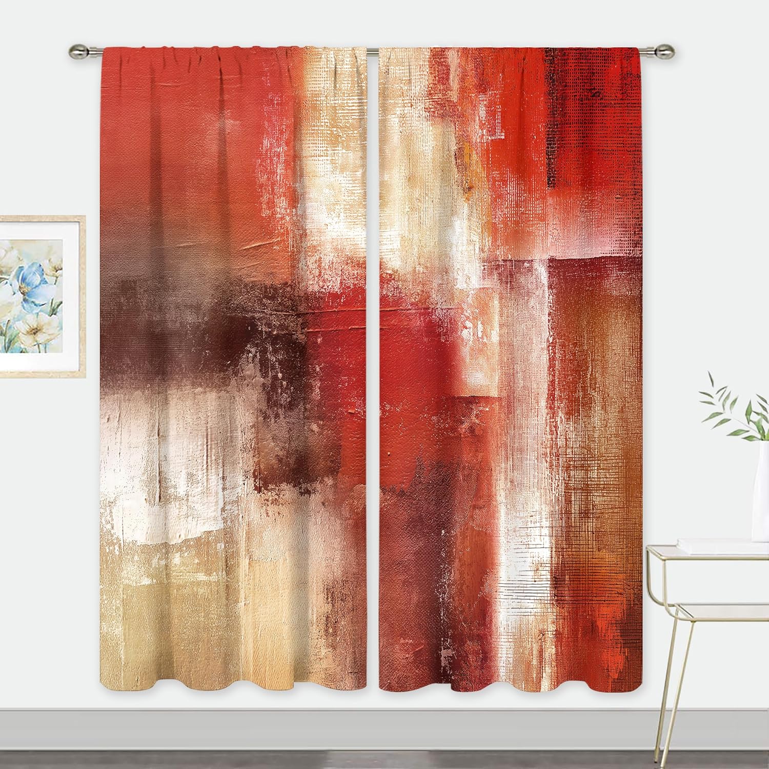 MESHELLY Red Curtains 52Wx84H Inch Rod Pocket Abstract Rustic Vintage Burgundy Brown Modern Oil Painting Bedroom Window Drapes Contemporary Women Art Aesthetic Printed Living Room Window Treatment