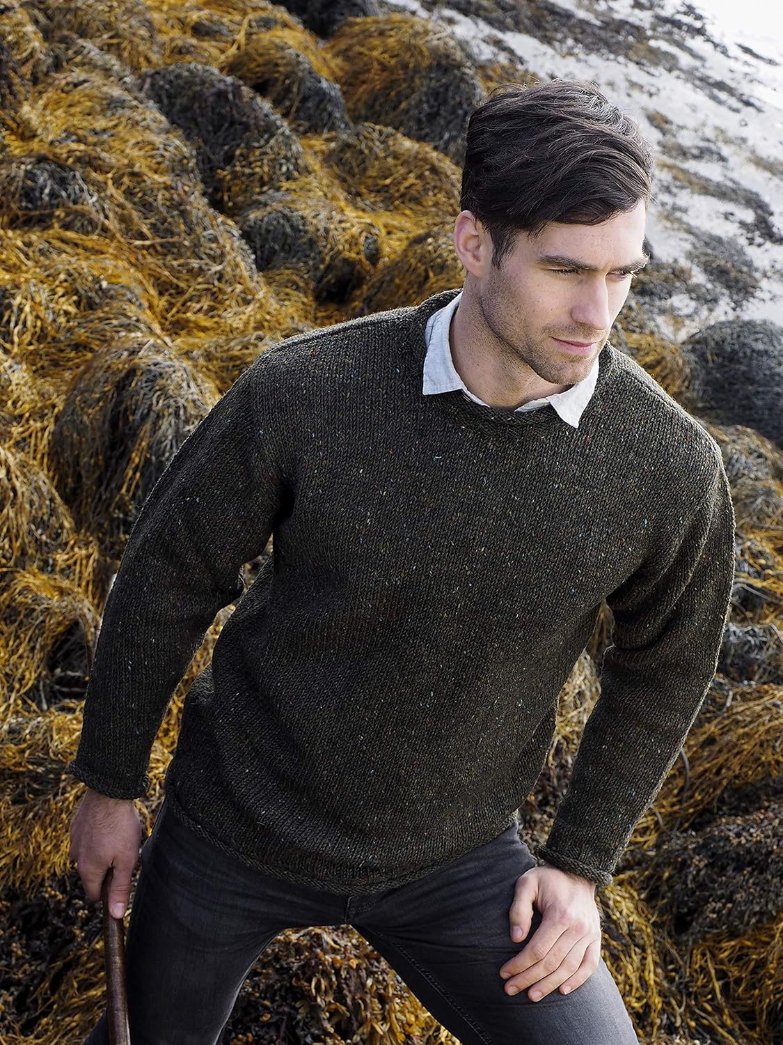 Aran Crafts Men's Irish Cable Knitted Curl Neck Sweater (100% Donegal Wool)