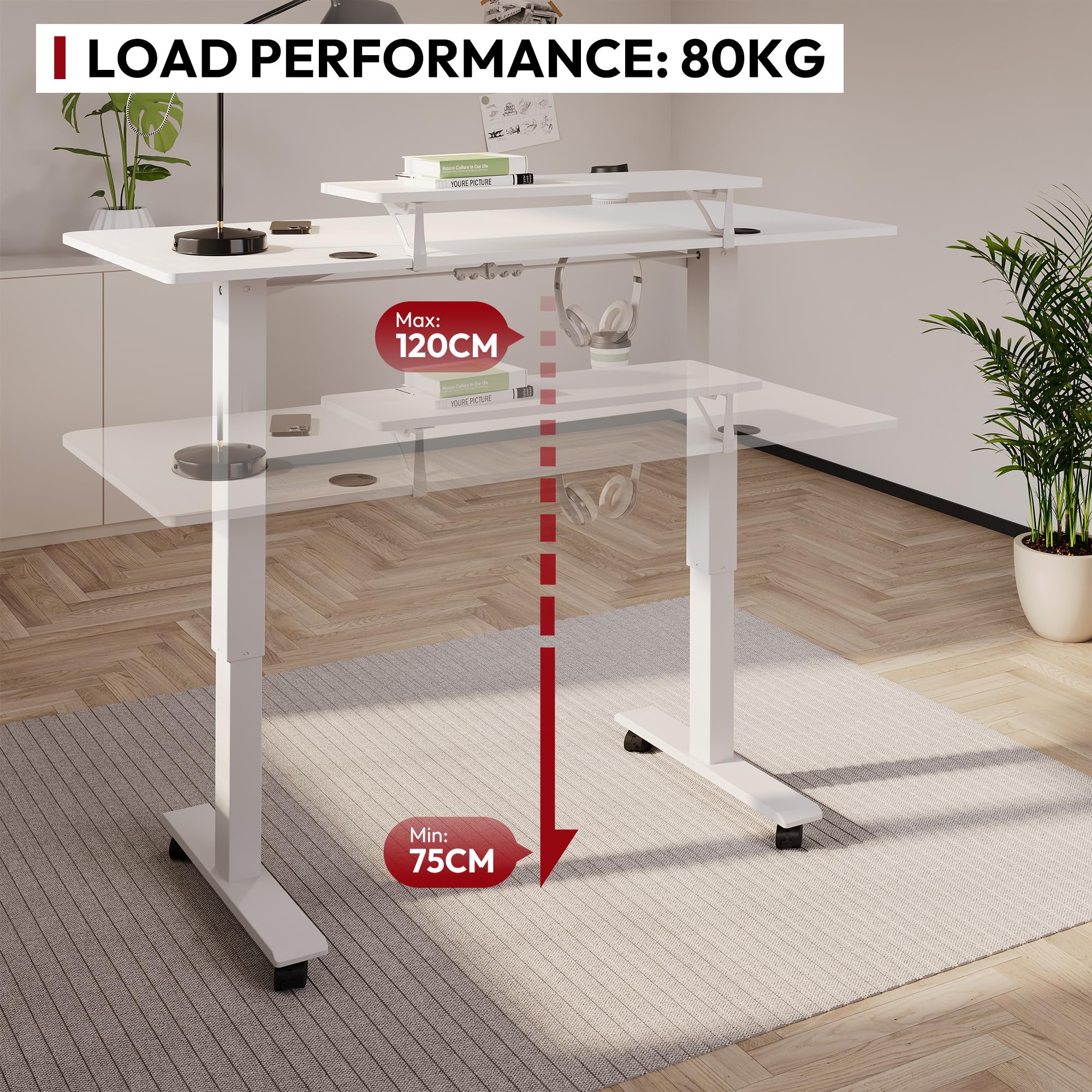 SANODESK Escritorio Elevable Eléctrico, Motor Silencioso, Mesa Standing Desk Ajustable 75-120cm con 4 Ruedas, Memoria de Posición - para Oficina y Hogar
