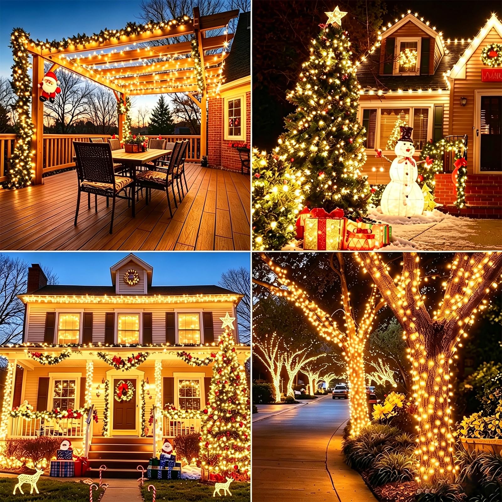 Lot de 4 guirlandes lumineuses de Noël de 40 m à piles pour intérieur/extérieur, minuterie et 8 modes avec fil vert, guirlande lumineuse étanche pour sapin de Noël, jardin (blanc chaud)