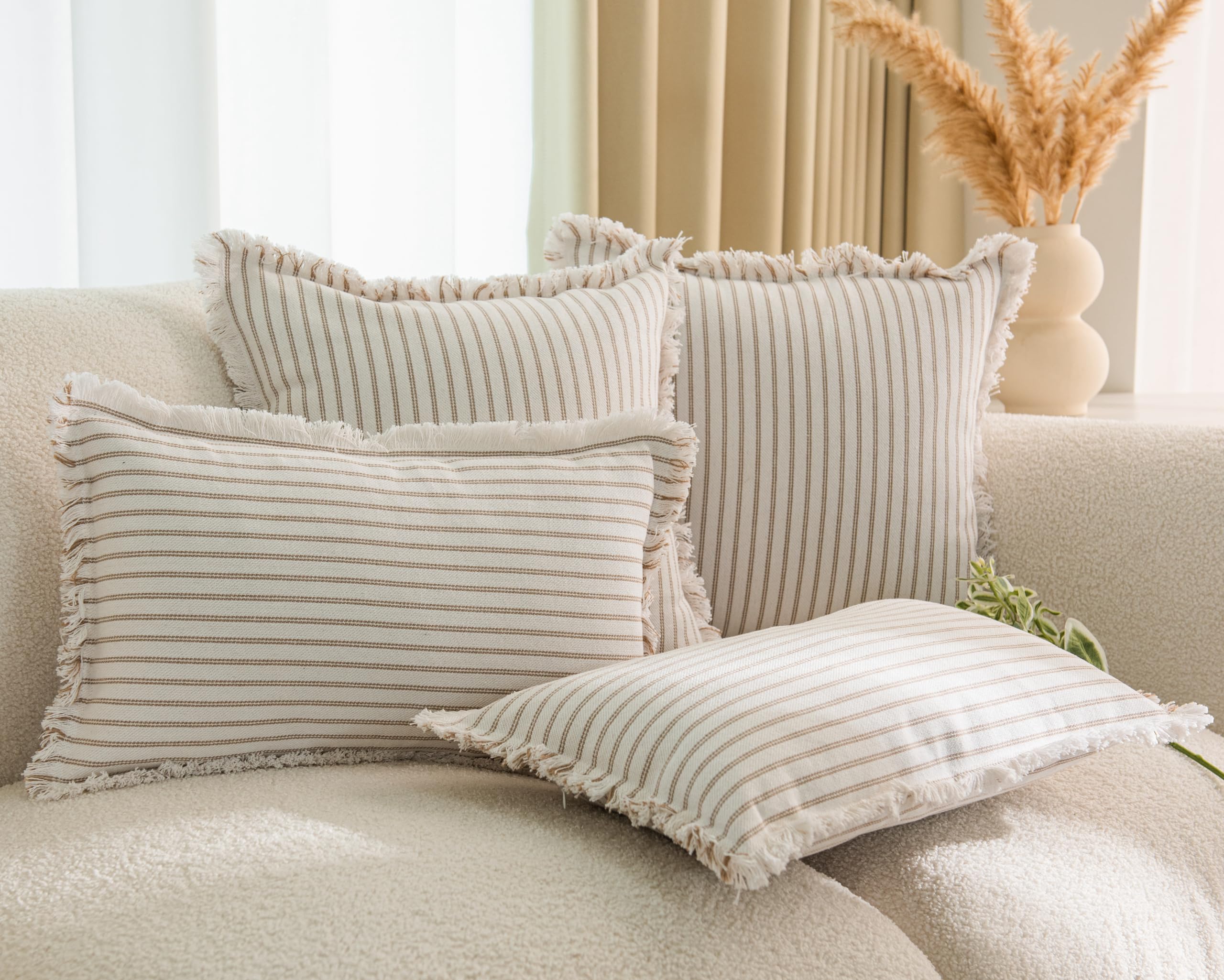 LIGICKY Set of 2 Fringe Lumbar Cushion Covers with Tassels Khaki Striped Boho Farmhouse Throw Pillow Covers Soft Rectangle Cushion Cases for Sofa Couch Bed Living Room Decor 12 x 20 inch - Image 3