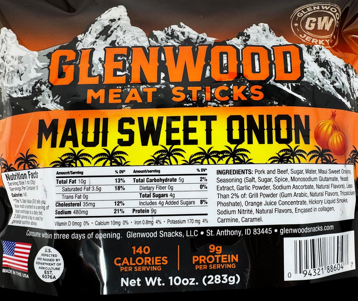 Glenwood Meat Sticks High Protein, 10 Ounce (Maui Sweet Onion) (Pack of 2)