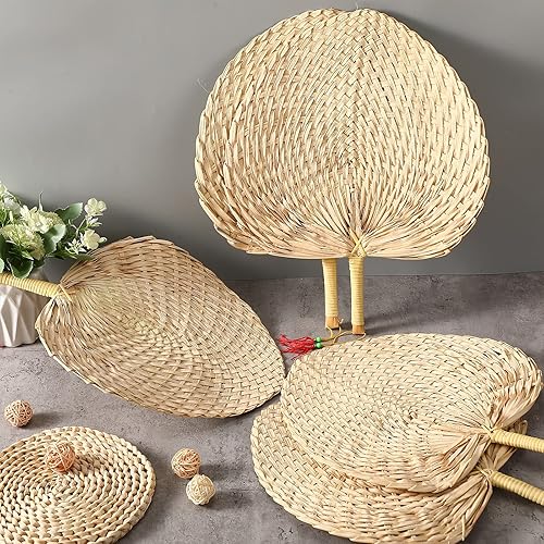 Miniatura 3 de Blulu Paquete de 10 abanicos de mano grandes de bambú para bodas, abanicos de mano de rafia natural, hechos a mano para invitados, ventilador de