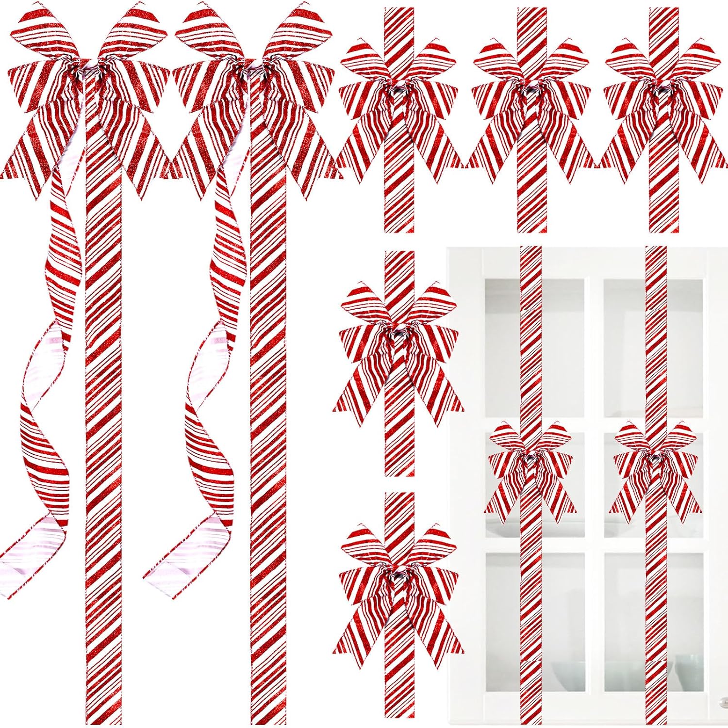 XunYee 15 Pcs Christmas Cabinet Bows Wired Ribbon Decor 78.7" Glitter Large Candy Cane Bows Ribbon for Cabinet Door Christmas Decorations for Kitchen Furniture Xmas (Red and White)