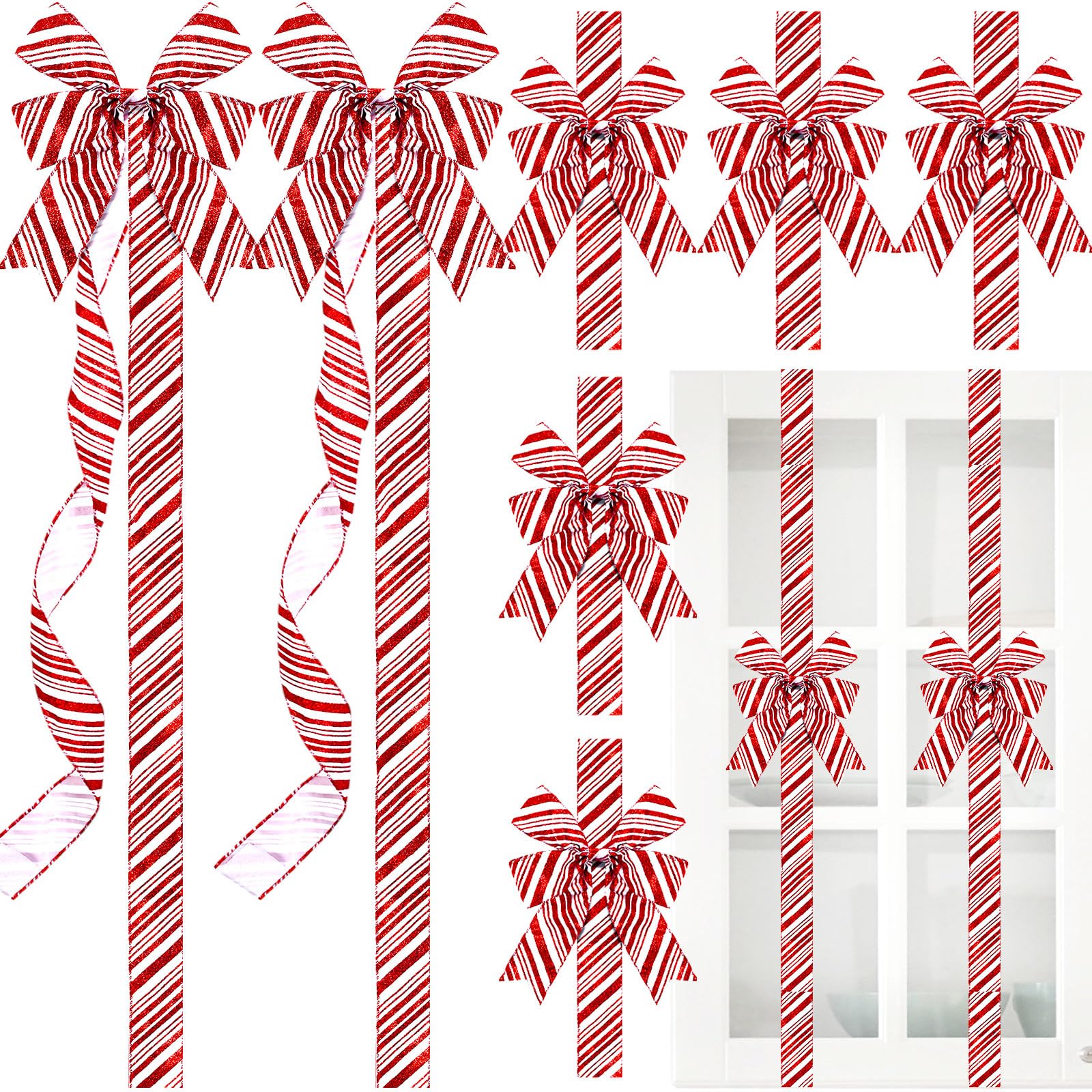 XunYee Christmas Cabinet Bows Wired Ribbon Decor 78.7" Glitter Large Candy Cane Bows Ribbon for Cabinet Door Christmas Decorations for Kitchen Furniture Xmas(Glitter,Red White,15 Pcs)