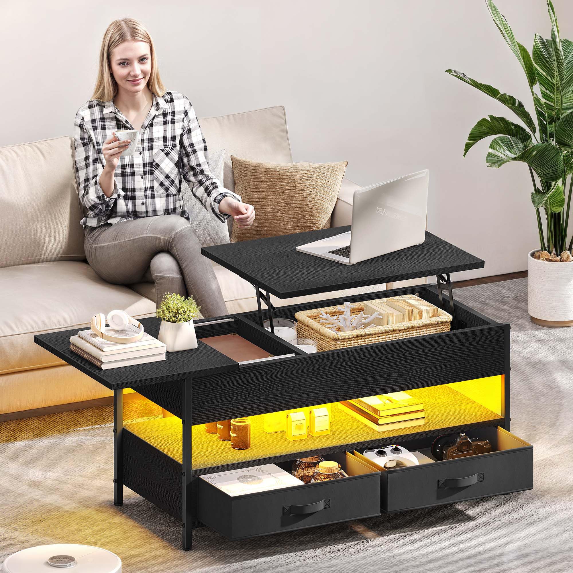 YITAHOME Table Basse Relevable, Table Basse Salon Noir avec Ruban LED RGB et 2 Tiroirs, 106 x50x51,5cm, avec Plateau élévateur et Rangement Caché, Idéal pour Le Salon