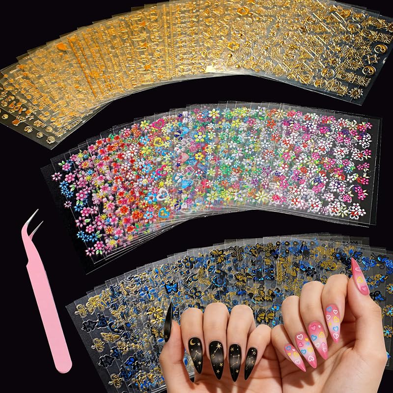 90 hojas de pegatinas de uñas para arte de uñas DIY, pegatinas 3D para decoración de uñas, pegatinas autoadhesivas de diseño floral para mujeres y niñas
