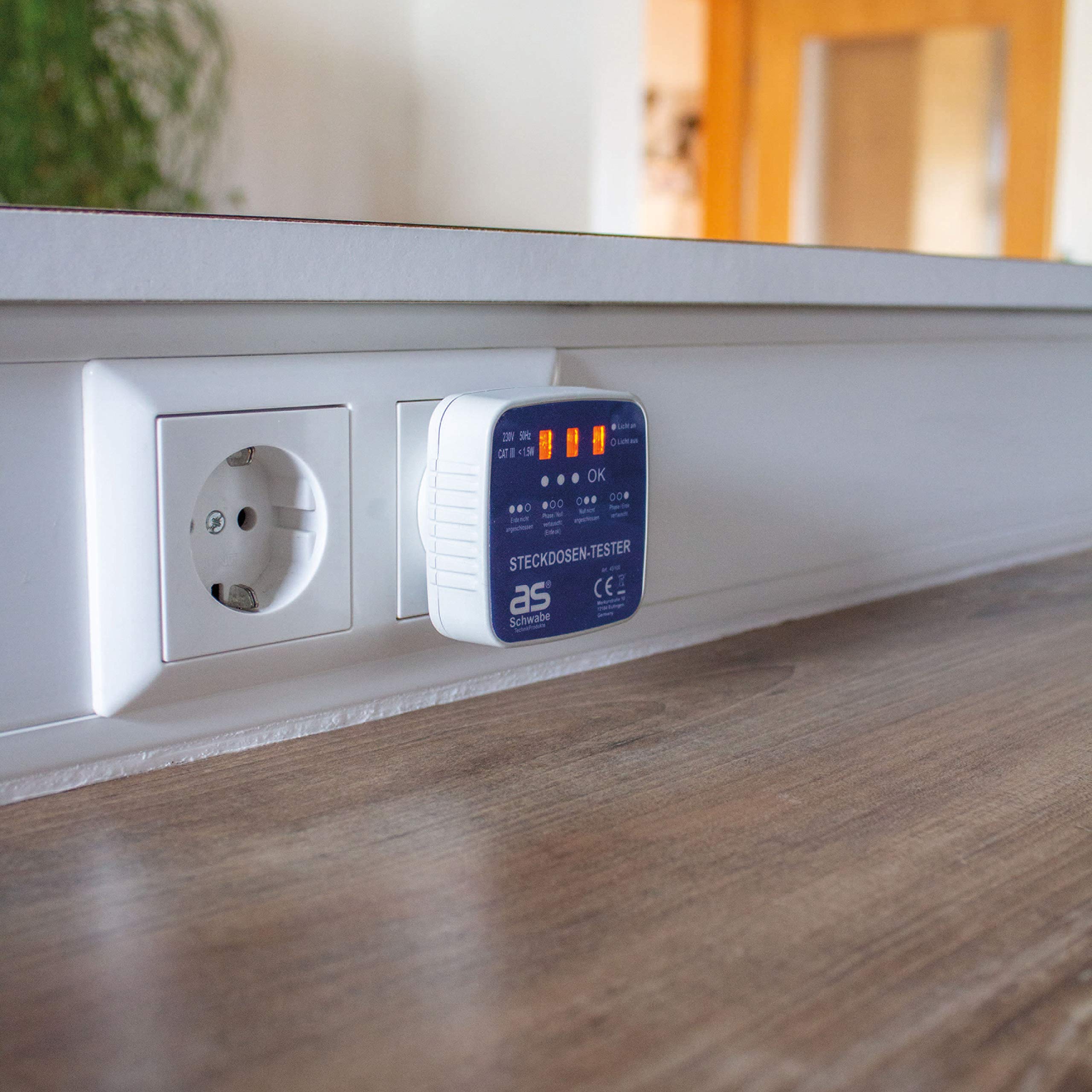 as - Schwabe comprobador enchufes Schuko - conector de diagnóstico con indicador luminoso - comprueba el cableado correcto en Tomas de corriente de 230 V - comprobador de circuitos, 45100