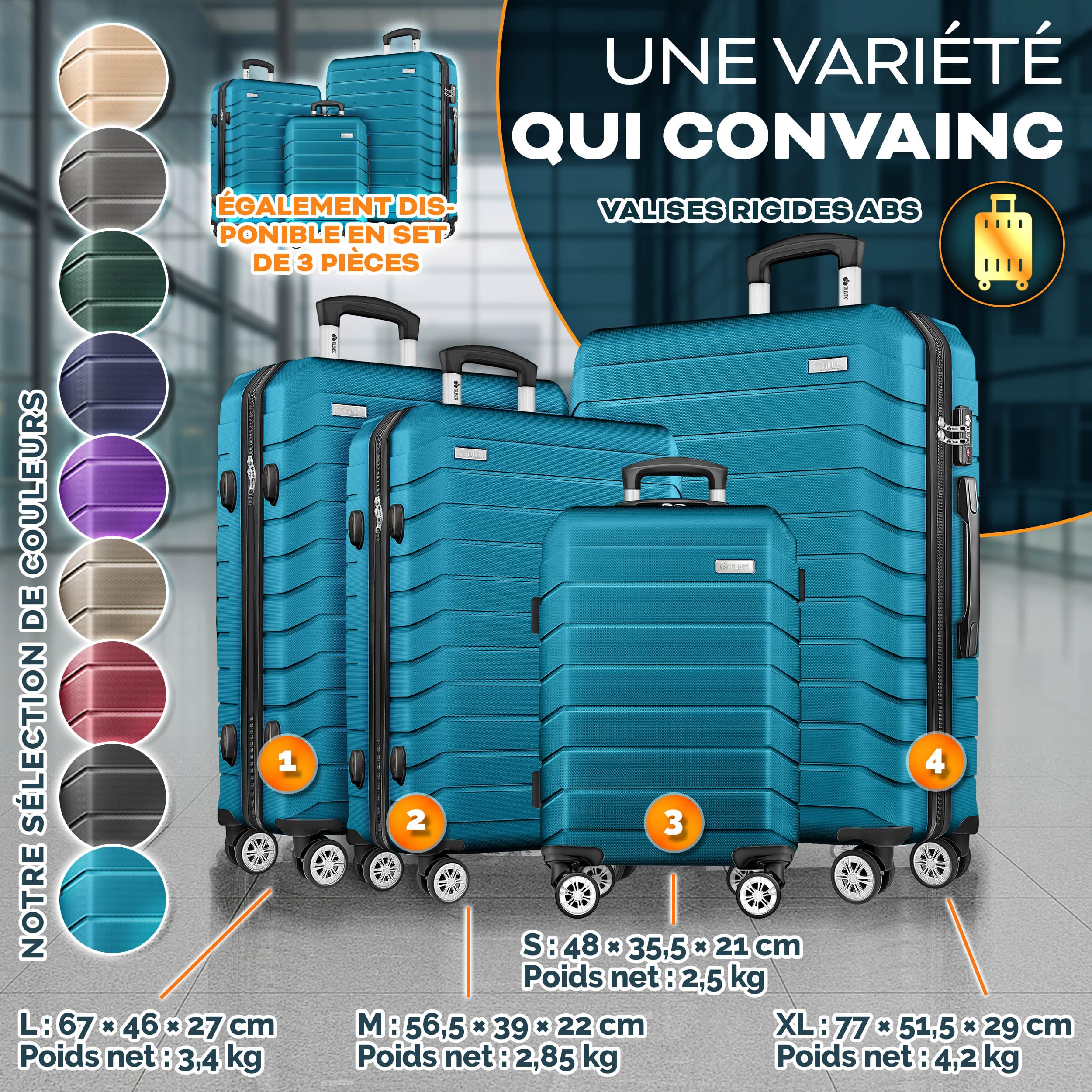 tillvex® Set de 4 Valises de Voyage + Balance, 4 Sangles à Bagages et 4 étiquettes à Bagages | Lot de valises avec roulettes et TSA Lock | Sacs de Voyage à Coque Rigide S-M-L-XL (Turquoise)