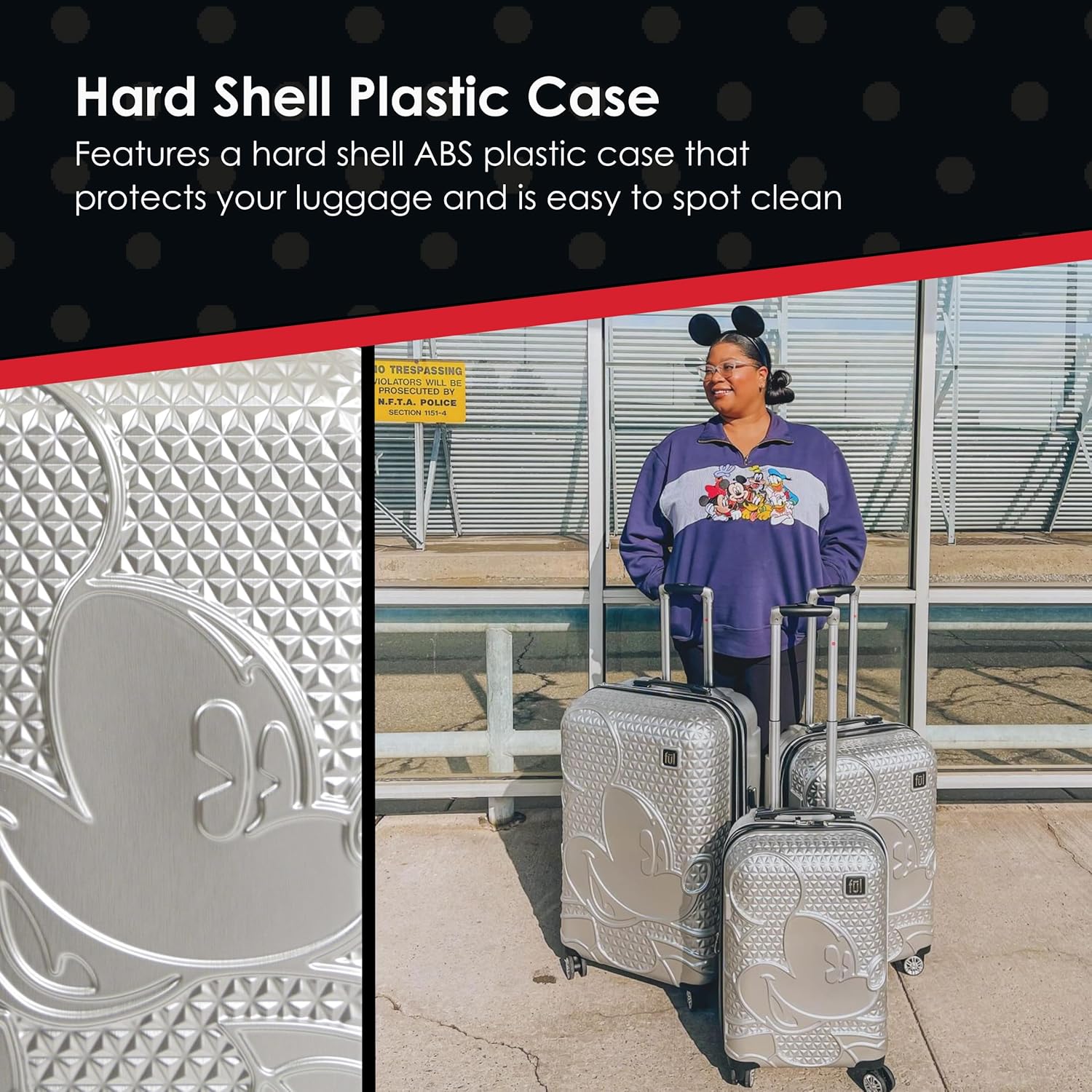 FUL Disney Mickey Mouse 26 Inch Rolling Luggage, Hardshell Suitcase with Spinner Wheels, Silver