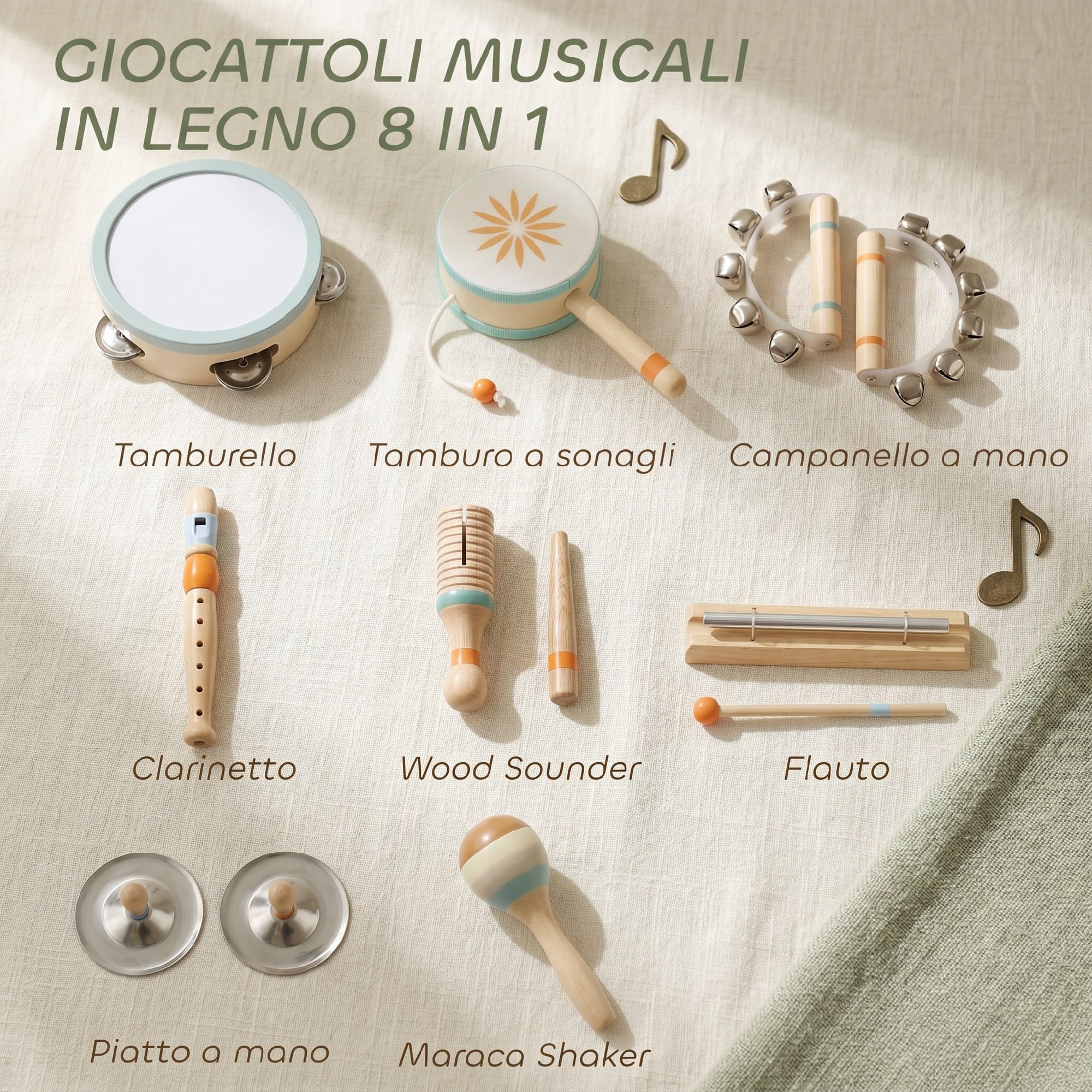 AIYAPLAY Strumenti Musicali per Bambini, Set Percussione Montessori | in Legno, con Tamburello e Maracas, Giocattoli Musicali per Bambini 3+, Regalo per Ragazze e Ragazzi
