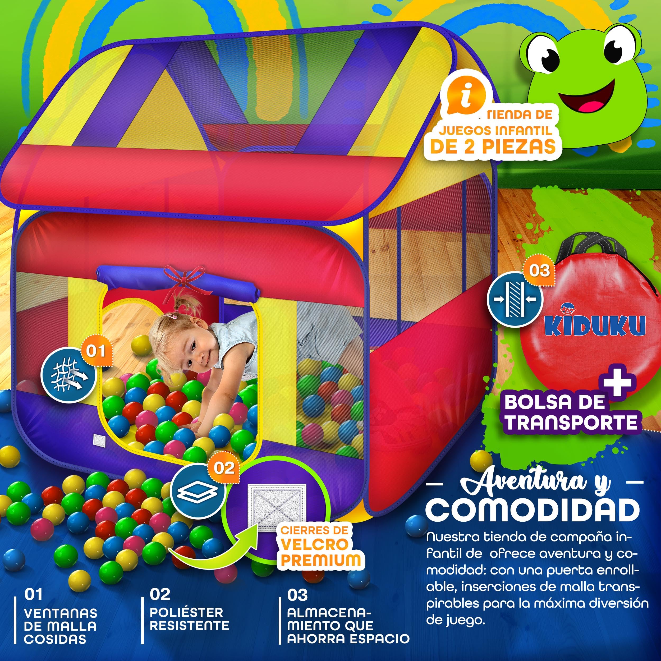 KIDUKU® Tienda de Juegos Infantil 300 Bolas | Piscina de Bolas | Carpa de Tela para Niños Pop Up + Bolsa para Transportar - Uso Interior y Exterior