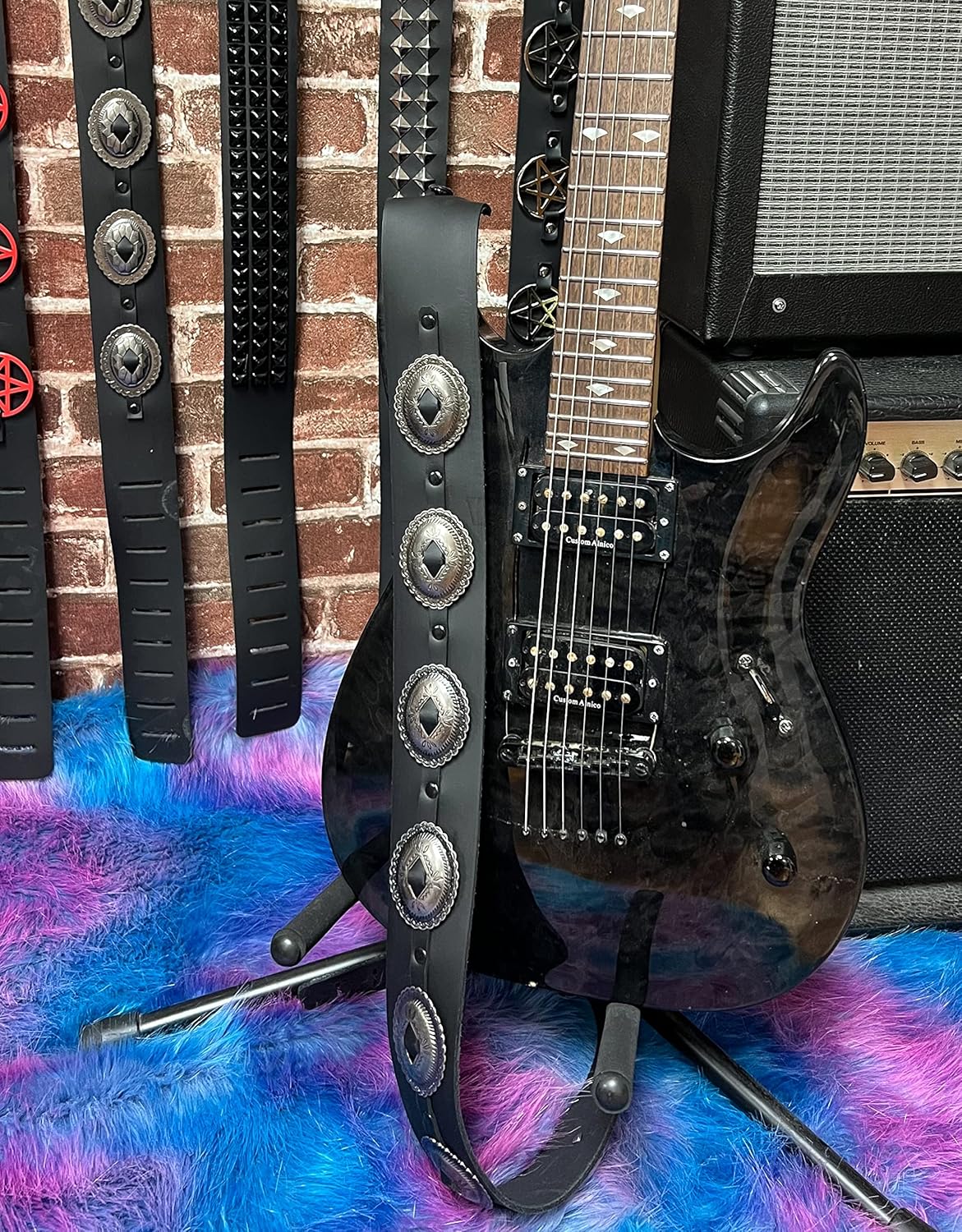 Funk Plus Concho Guitar Strap Genuine Leather Oval Large Conch Nail head Rivet Bass Acoustic Electric Guitar