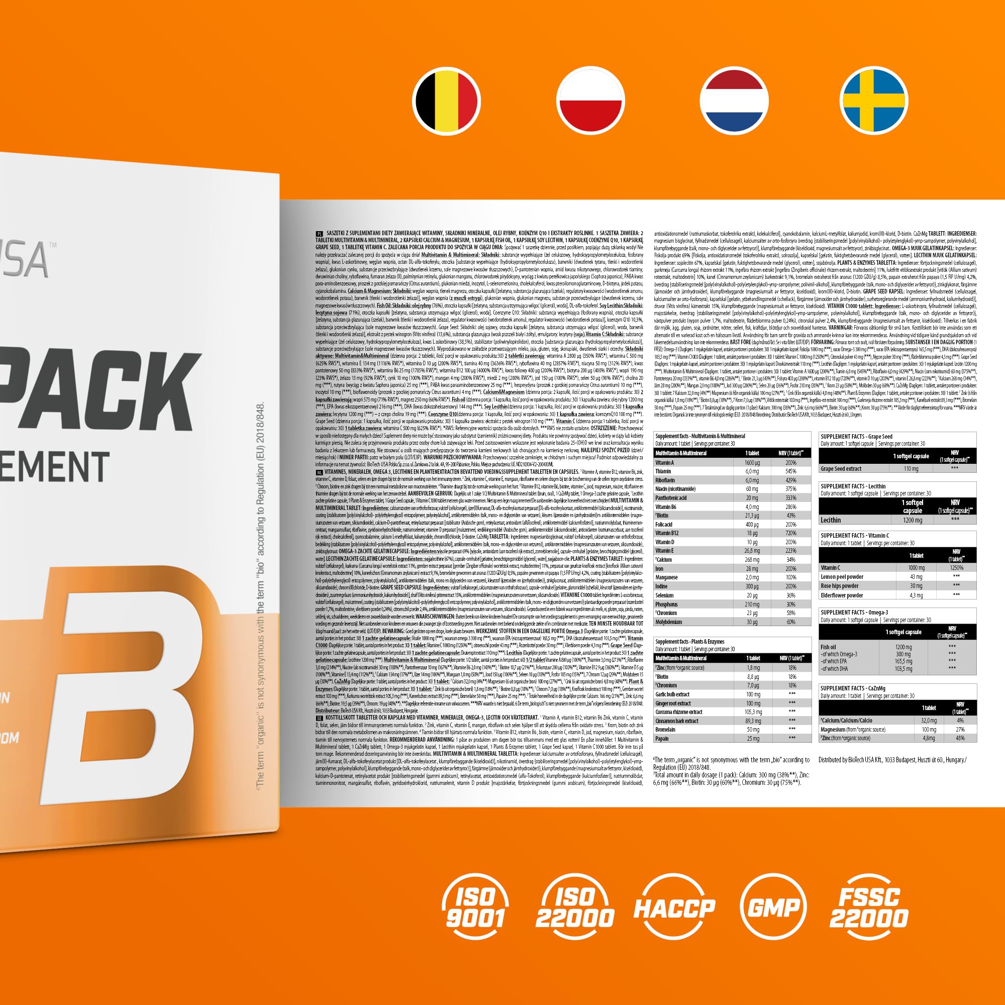 BioTechUSA Daily Pack, Pełnowartościowy preparat multiwitaminowy zawierający 7 różnych tabletek, kapsułek i kapsułek typu softgel z minerałami, koenzymem Q10, ekstraktem z pestek winogron, lecytyną i niezbędnymi kwasami tłuszczowymi, 30 saszetek
