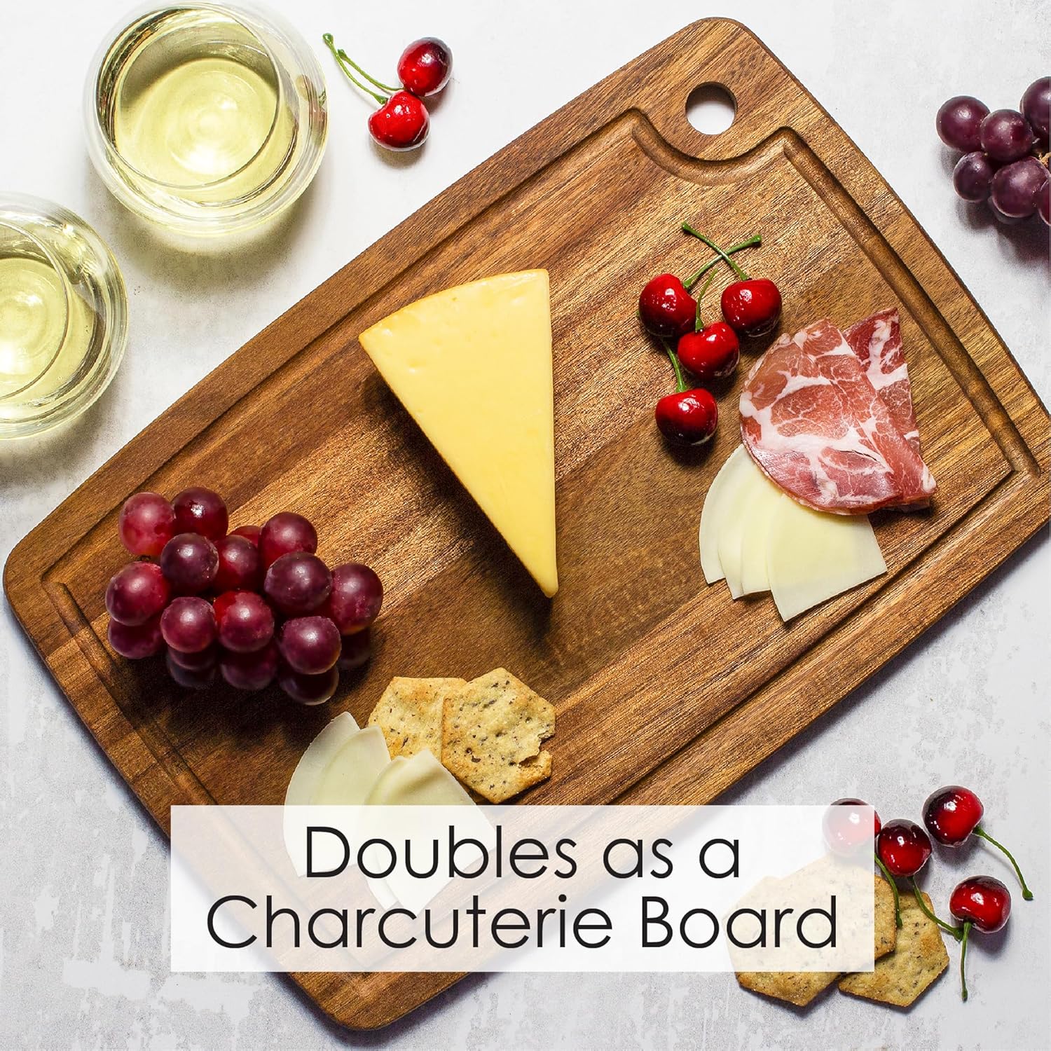 TB Home Acacia Wood Cutting Board with Juice Groove, 15" x 10"