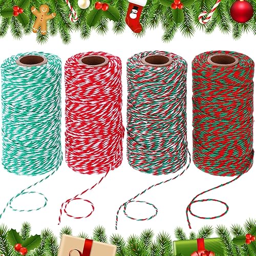 4 rollos de 1312 pies de cordel de Navidad para panadería de algodón, envoltura de regalo, cordel para manualidades, suministros de bricolaje de